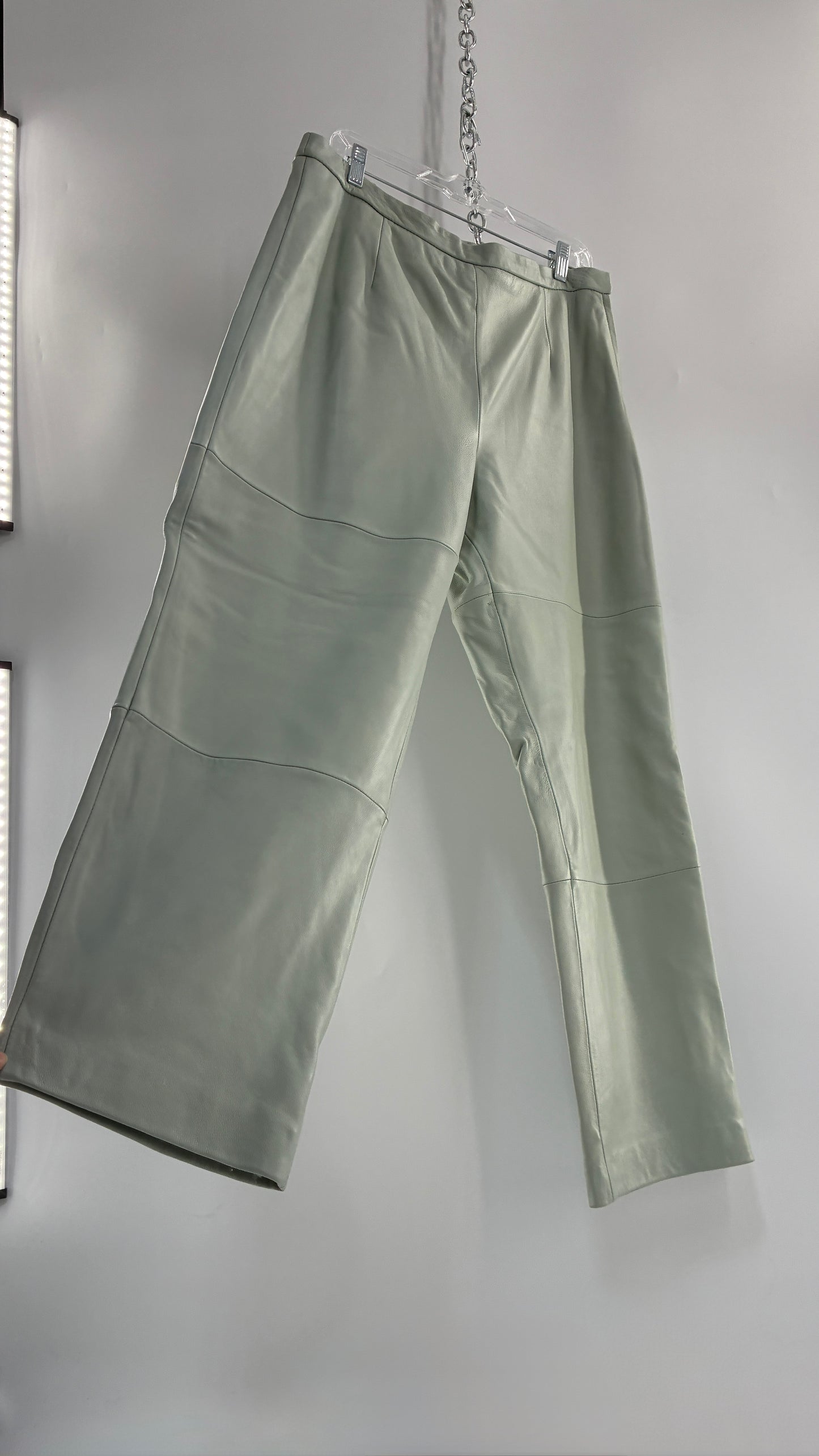 Vintage TERRY LEWIS Classic Luxuries Muted Seafoam, Genuine Leather Trousers with Silky Soft, Satin Lining (16P)