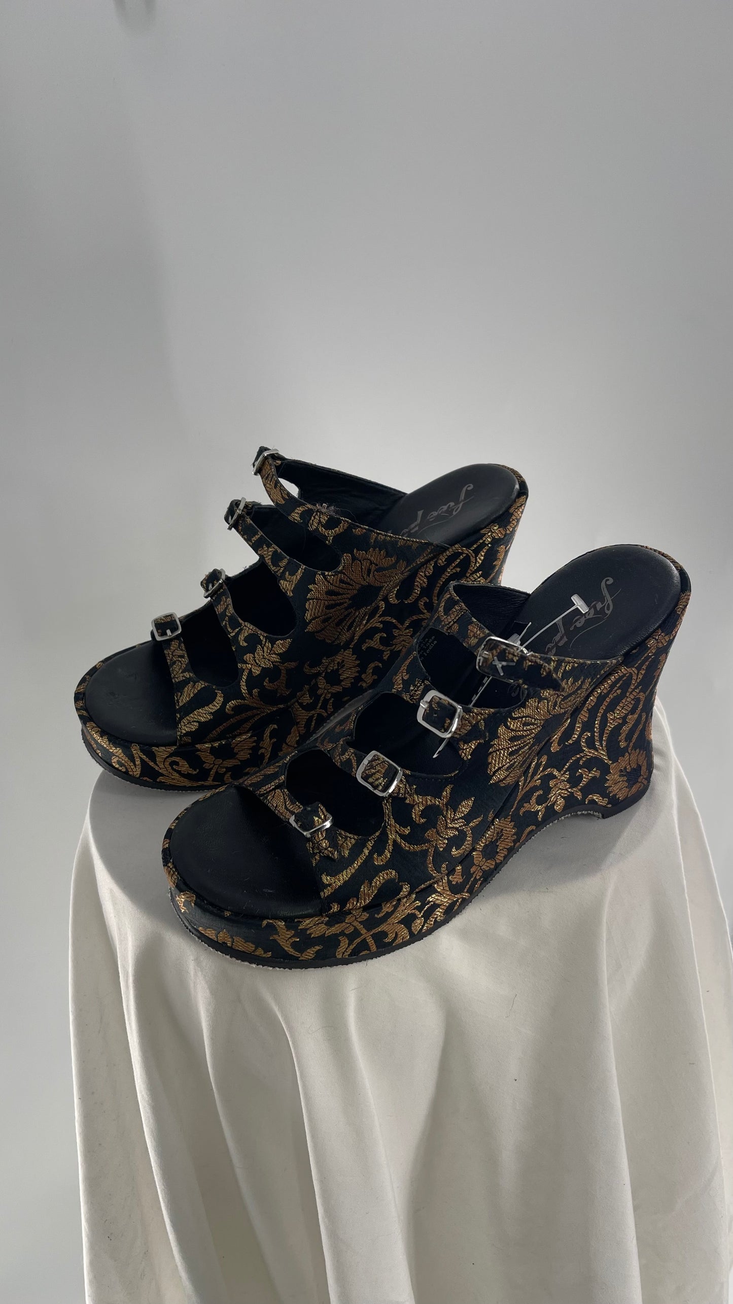 Free People Black Hoffman Buckle Front Wedge Heels with Satin Gold Paisley/Brocade Pattern (37)