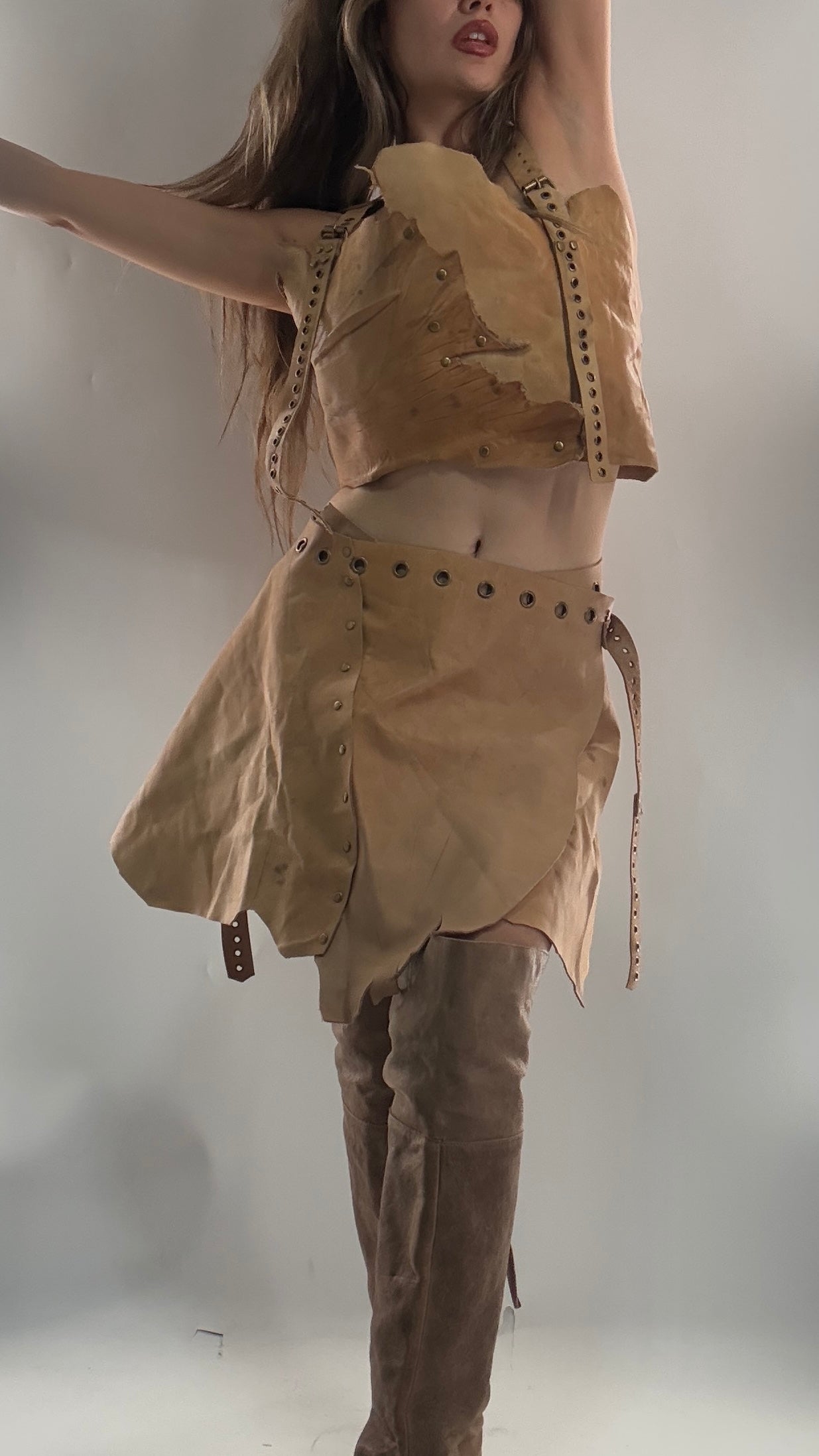 CUSTOM Handmade Rugged and Reversible Distressed Leather Two Piece Set with Grommet Waistband (XS-XL)