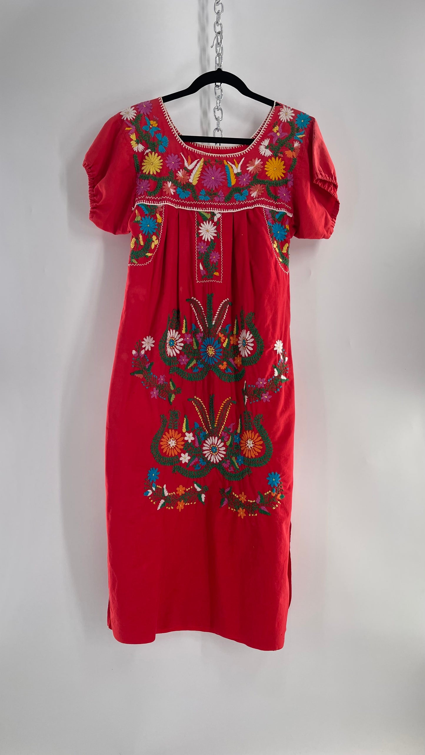 Vintage 1970s Red Cotton Dress with Hand Embroidered Florals Imported from Mexico (Small)