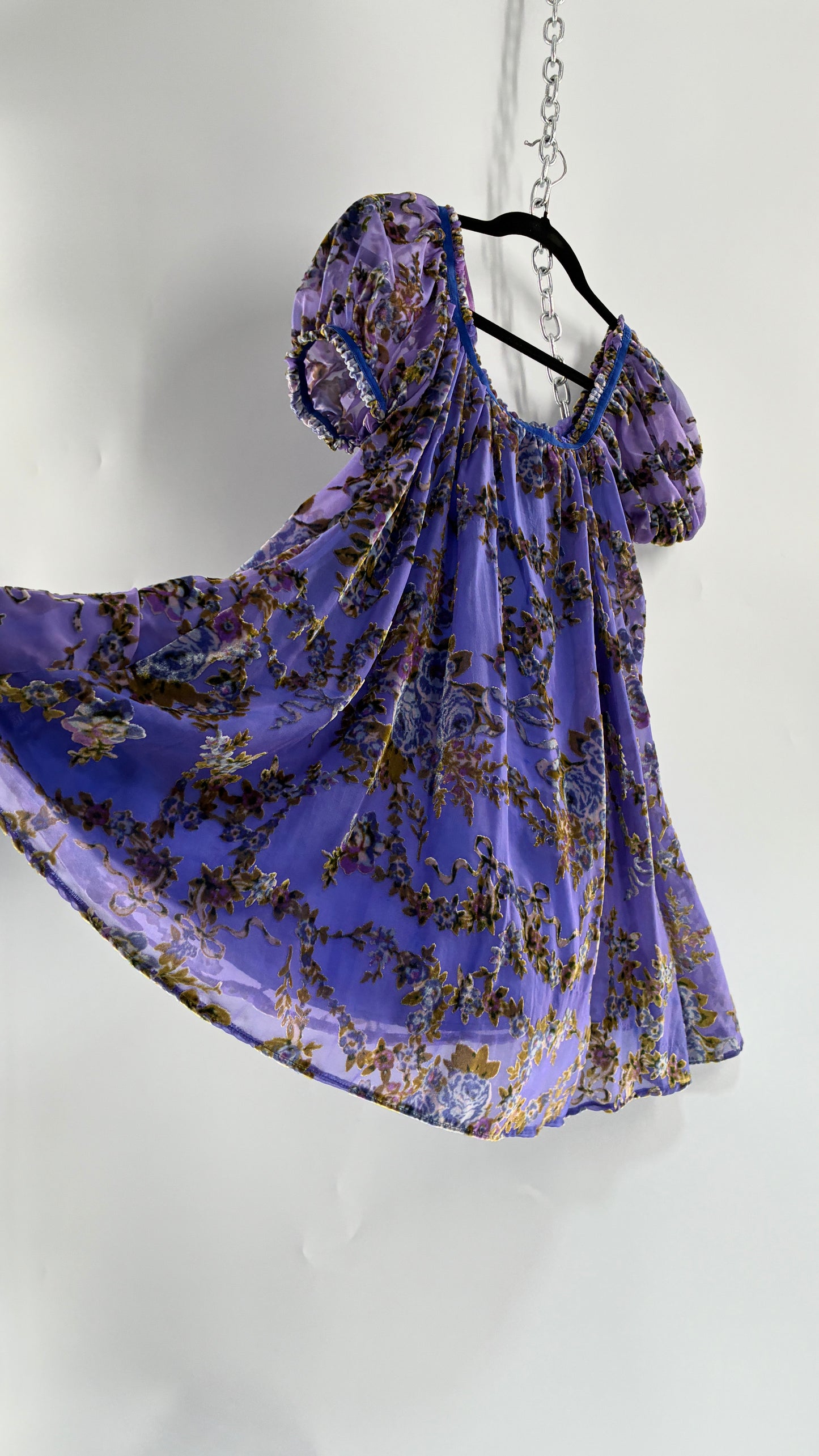 Free People Royal Blue Velour Floral and Bow Puff Sleeve Babydoll Mini Dress (XS)