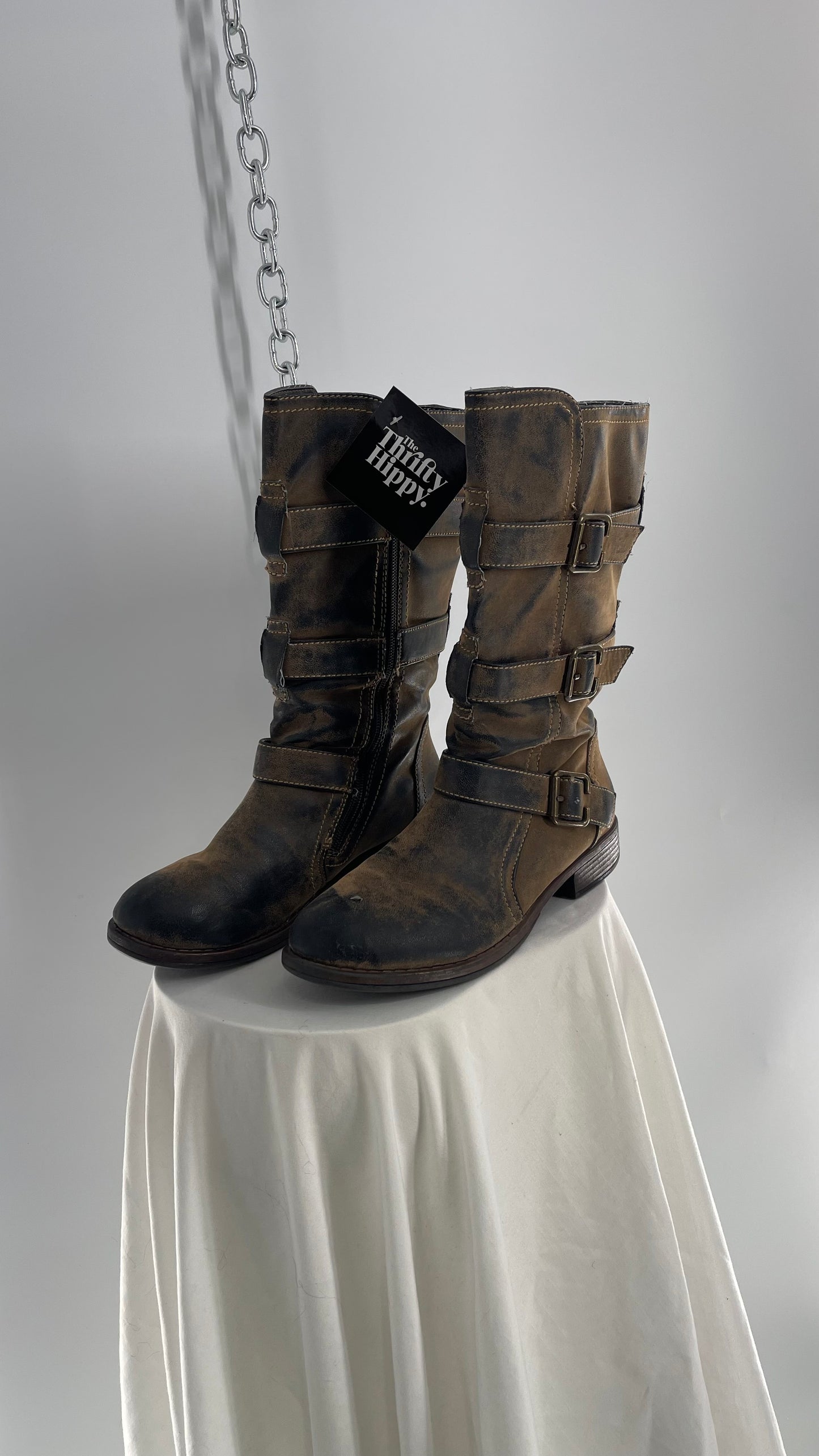 Vintage Mixed Tone Triple Buckle Boots (7.5)