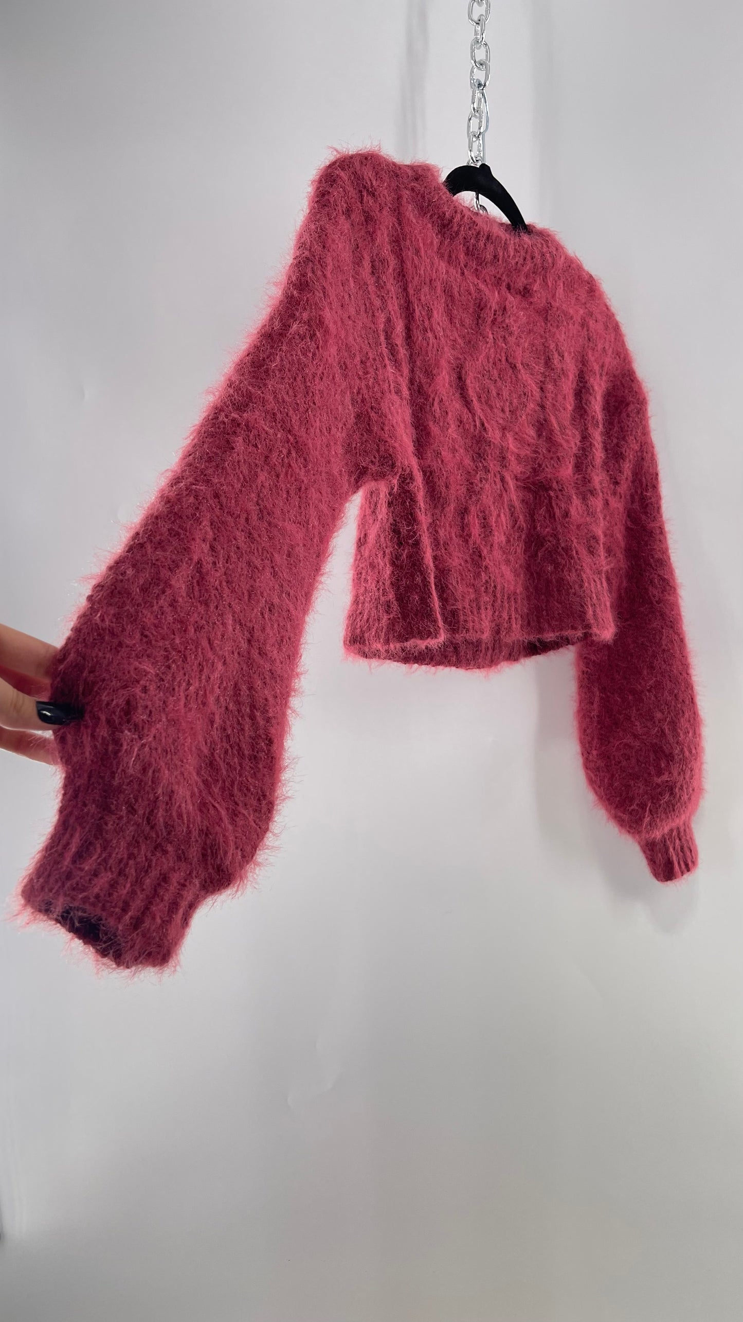 Urban Outfitters Mauve Pink Fuzzy Cropped Sweater with Bubble Sleeves (XS)