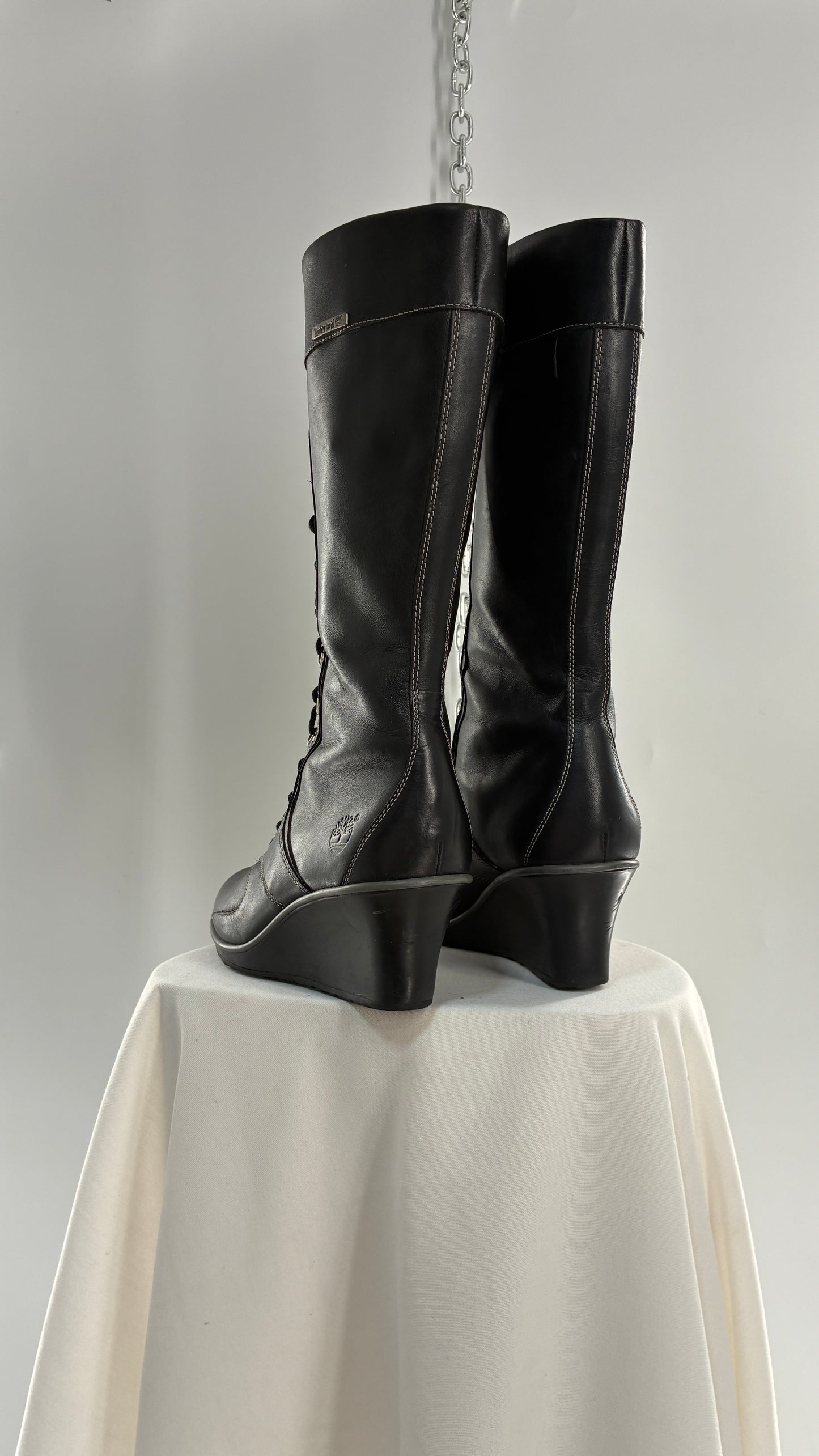 Vintage TIMBERLAND Black Genuine Leather Wedge Boots (10)