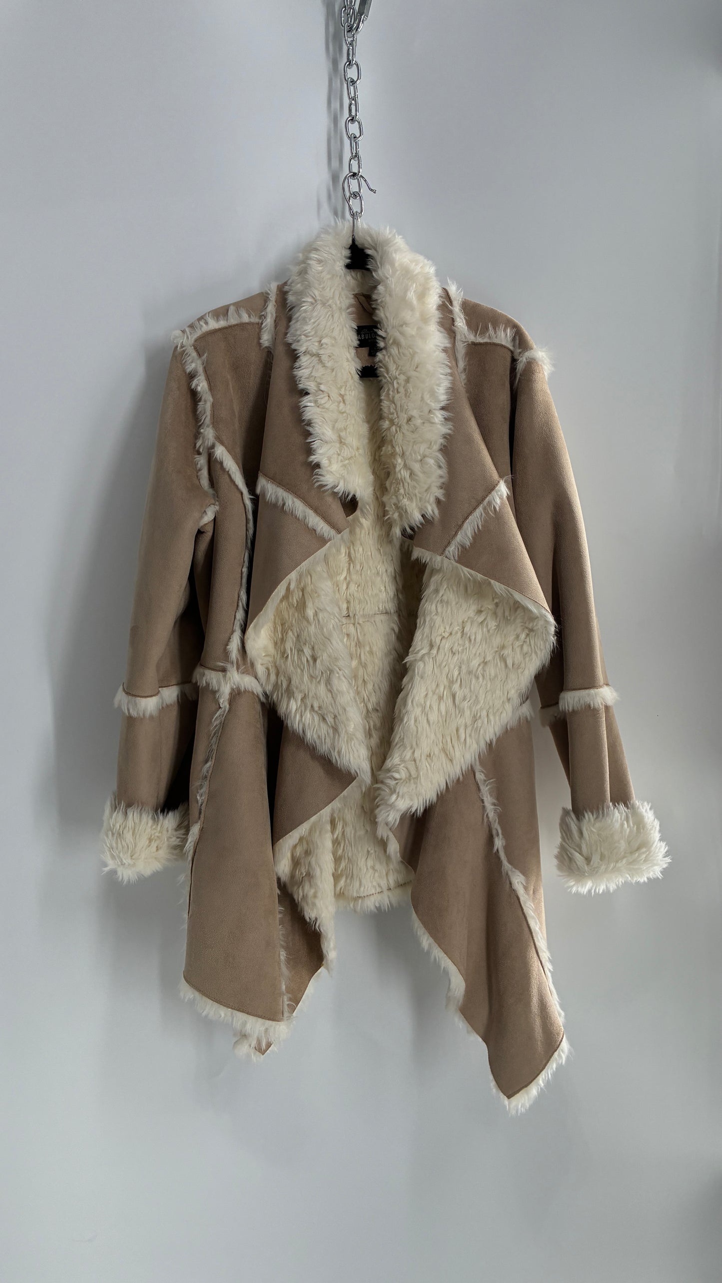 Fabulous Furs Vegan Suede Coat with Faux Fur Piping and Cuffs (Large)