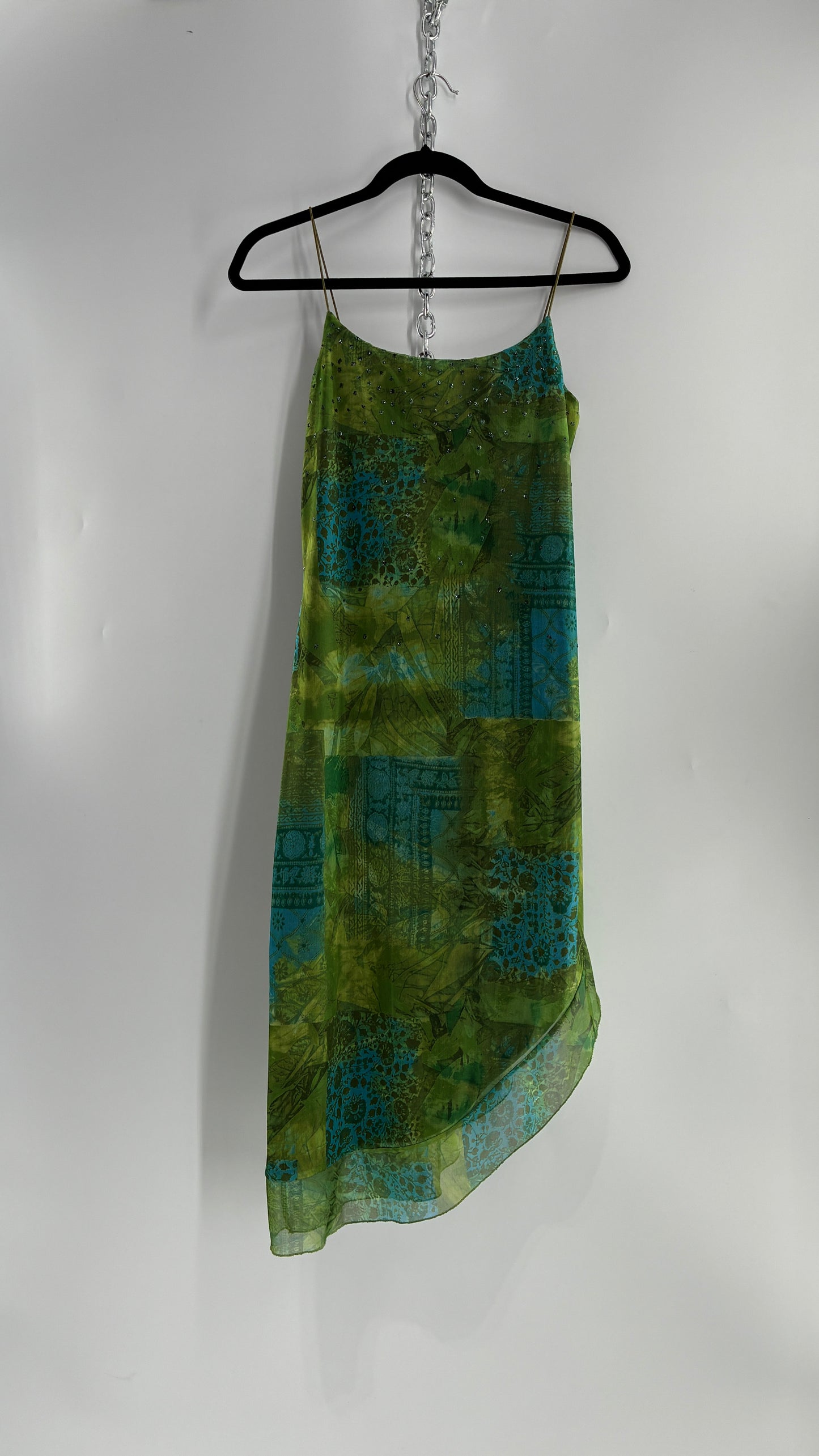 Vintage BYER TOO! CALIFORNIA Green and Blue Patchwork Patterned Midi Dress with Glitter Details and Slanted Cut (Medium)