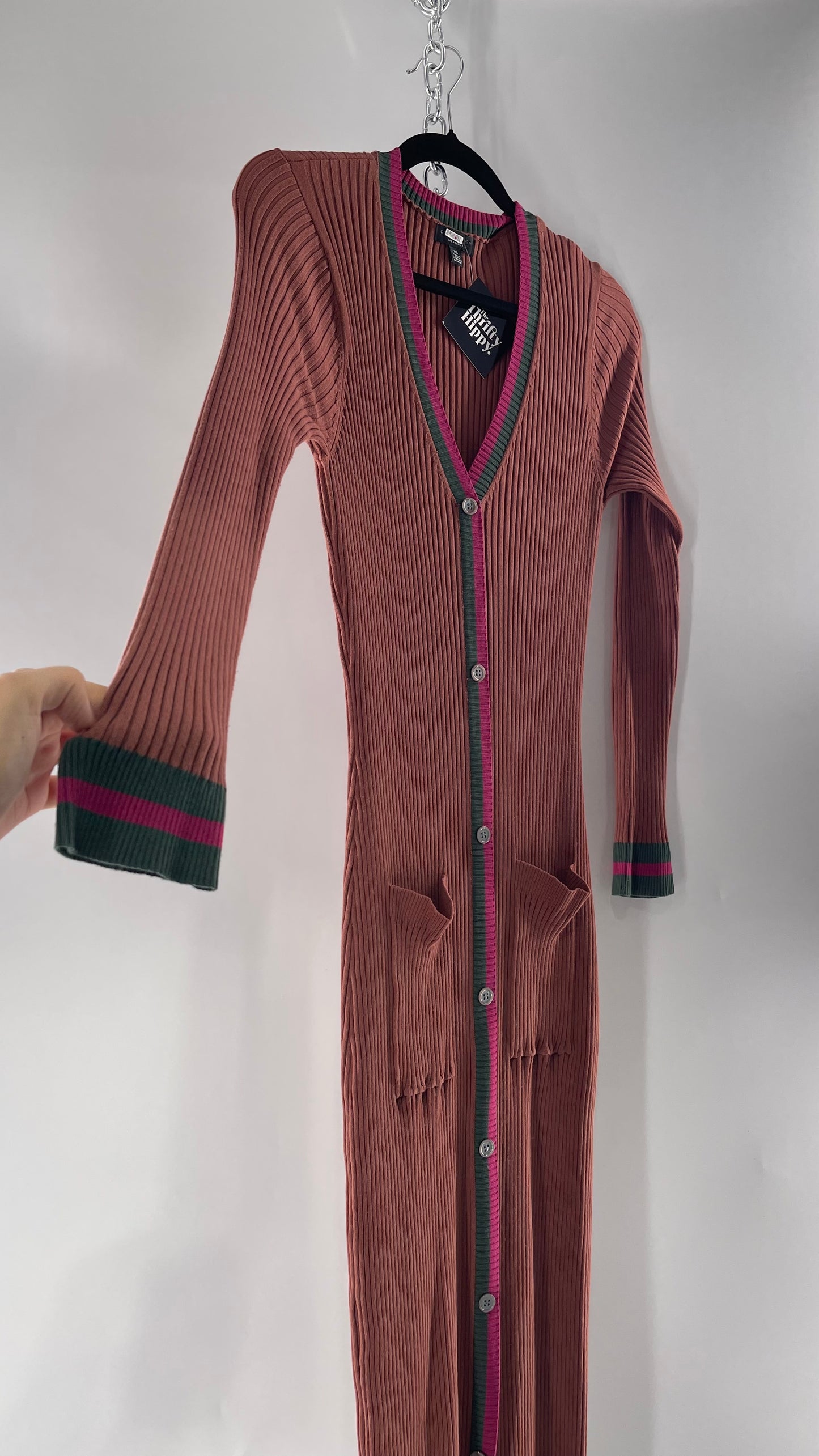 Current Air Los Angeles Brown Ribbed Knit Long Sleeve Button Front Dress with Fuchsia and Forest Green Striping (XS)