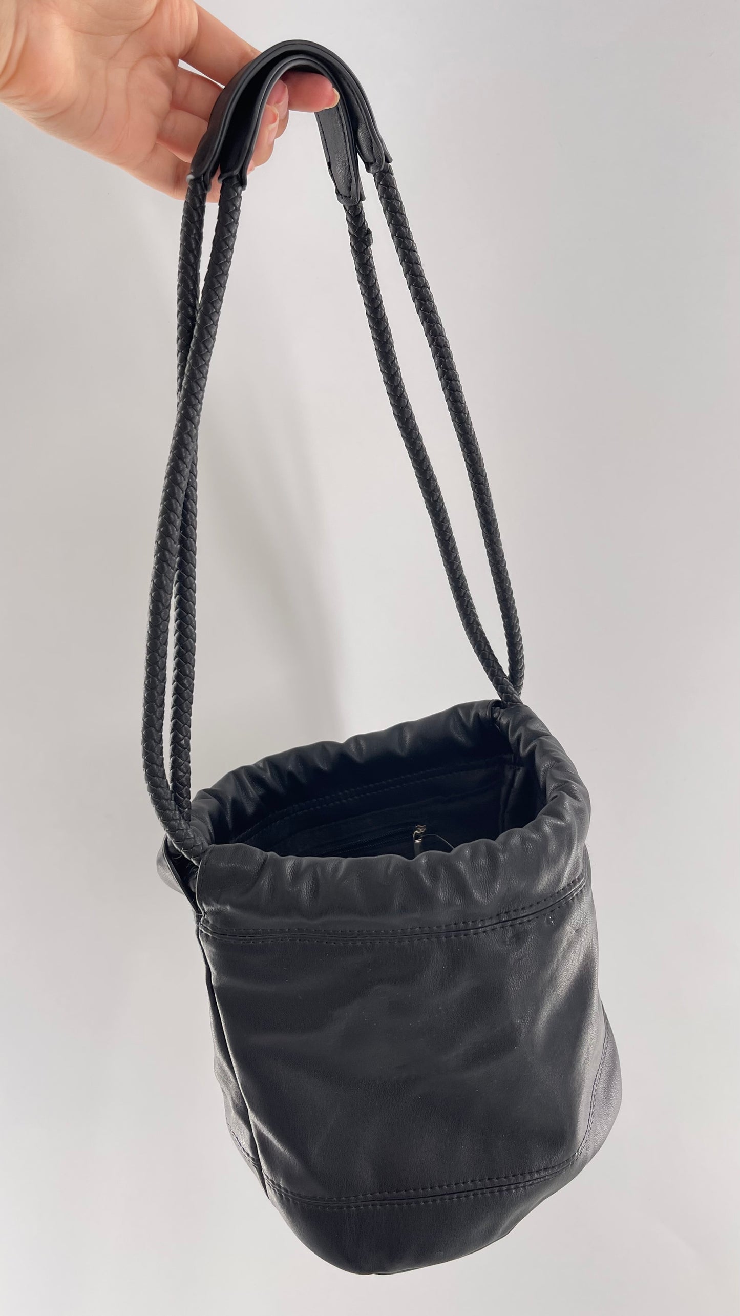 Urban Outfitters Black Adjustable Bucket Tank Vegan Leather Bag with Braided Handles