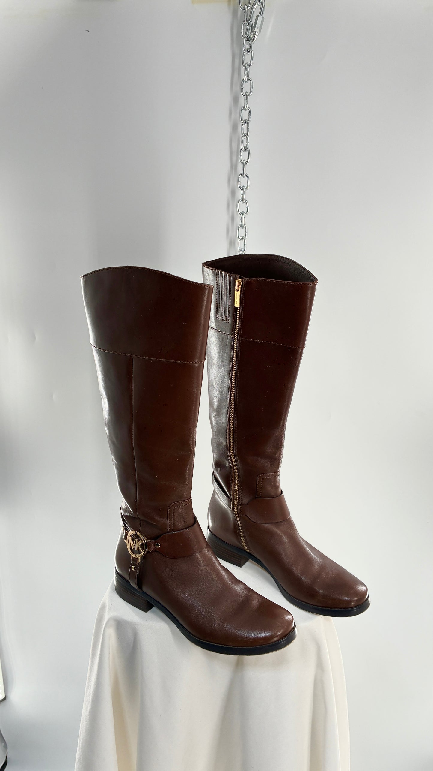 Vintage MICHAEL KORS Knee High Brown Genuine Leather Moto Boot with Gold Detailing (9)