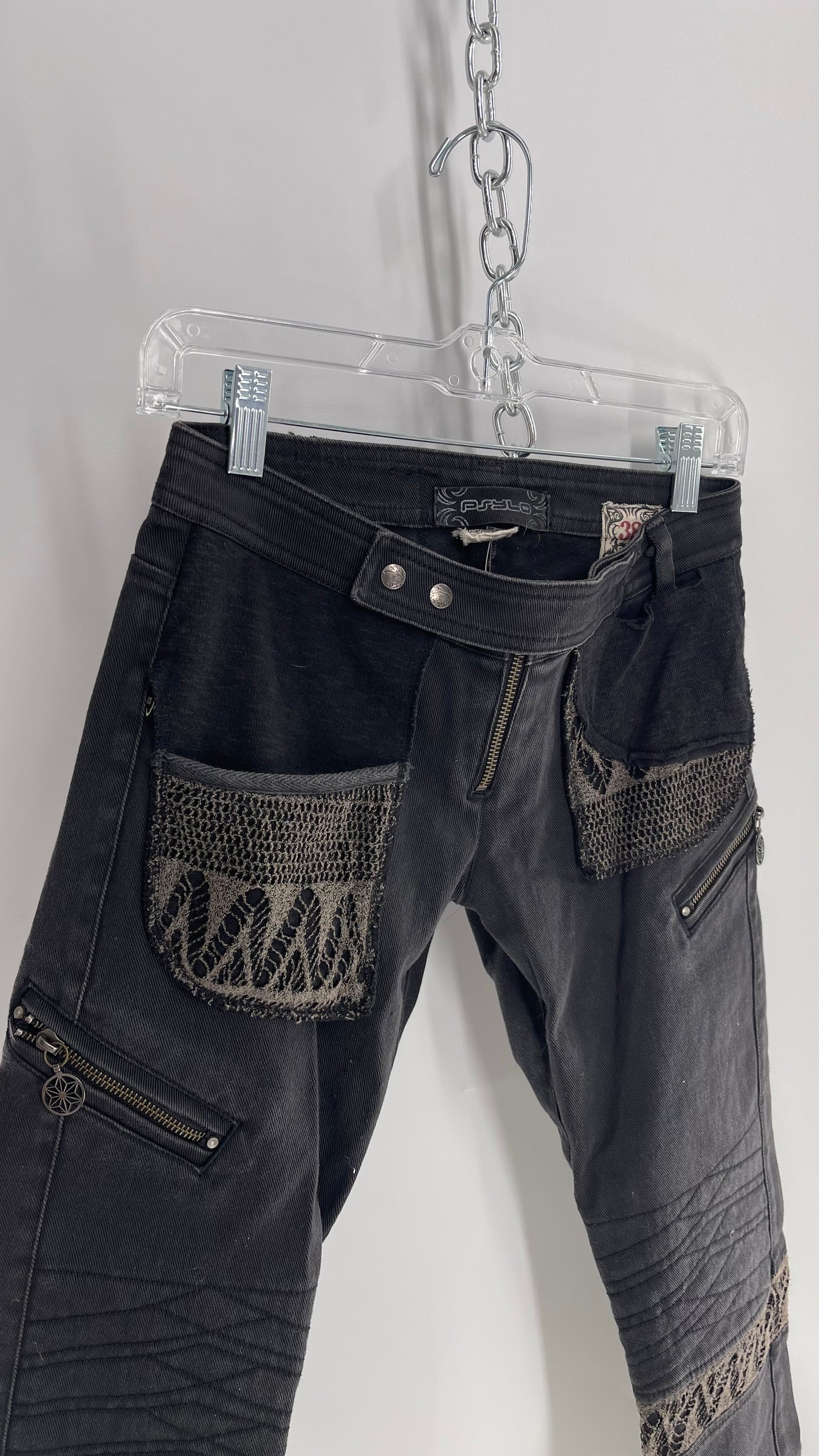 Vintage Rare PSYLO 1990s Low Rise Kick Flare Jeans with Studs, Lace and Hardware (38)