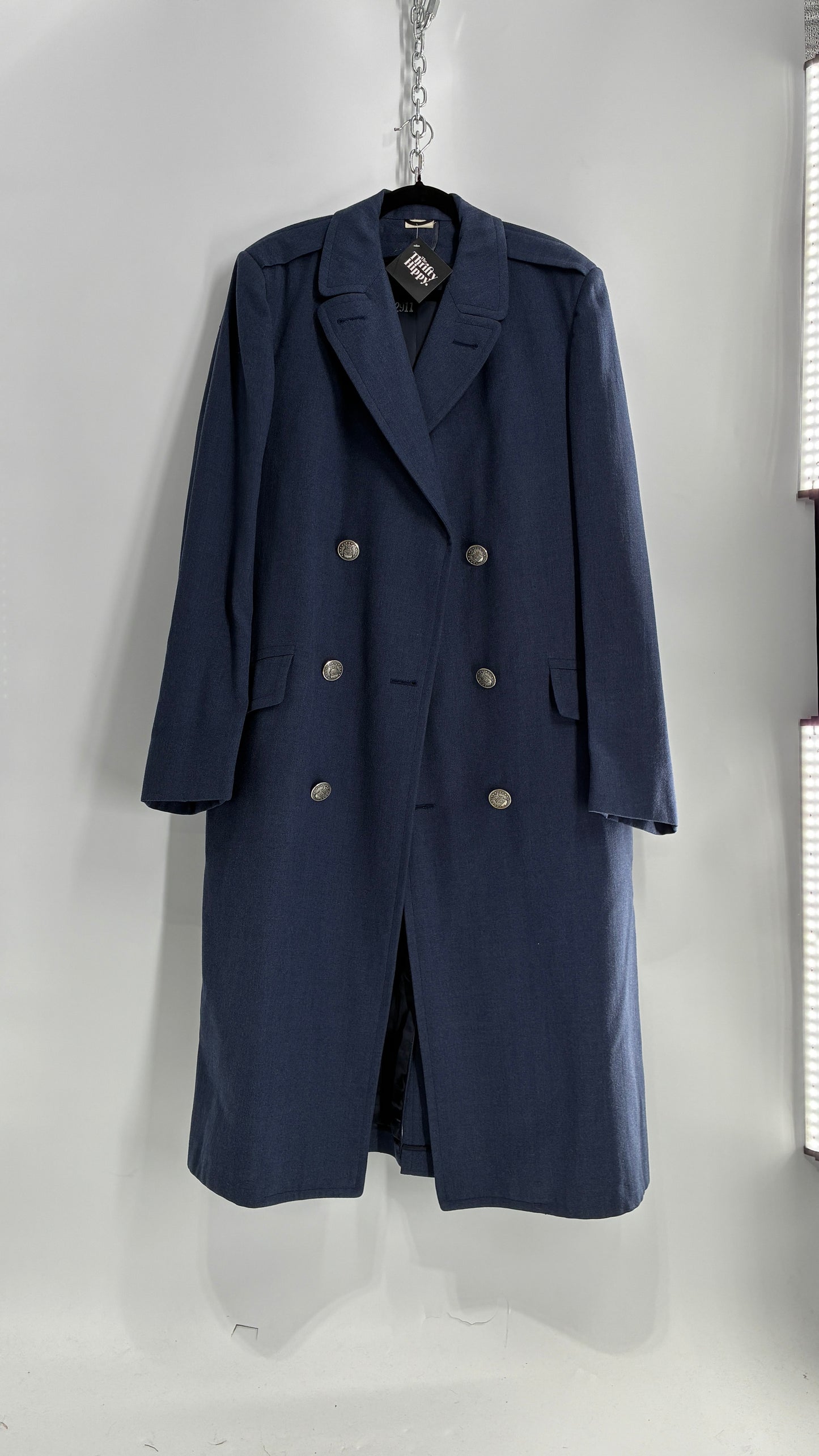 Vintage Military Style Navy Blue Woven Heavy Duty Long Coat