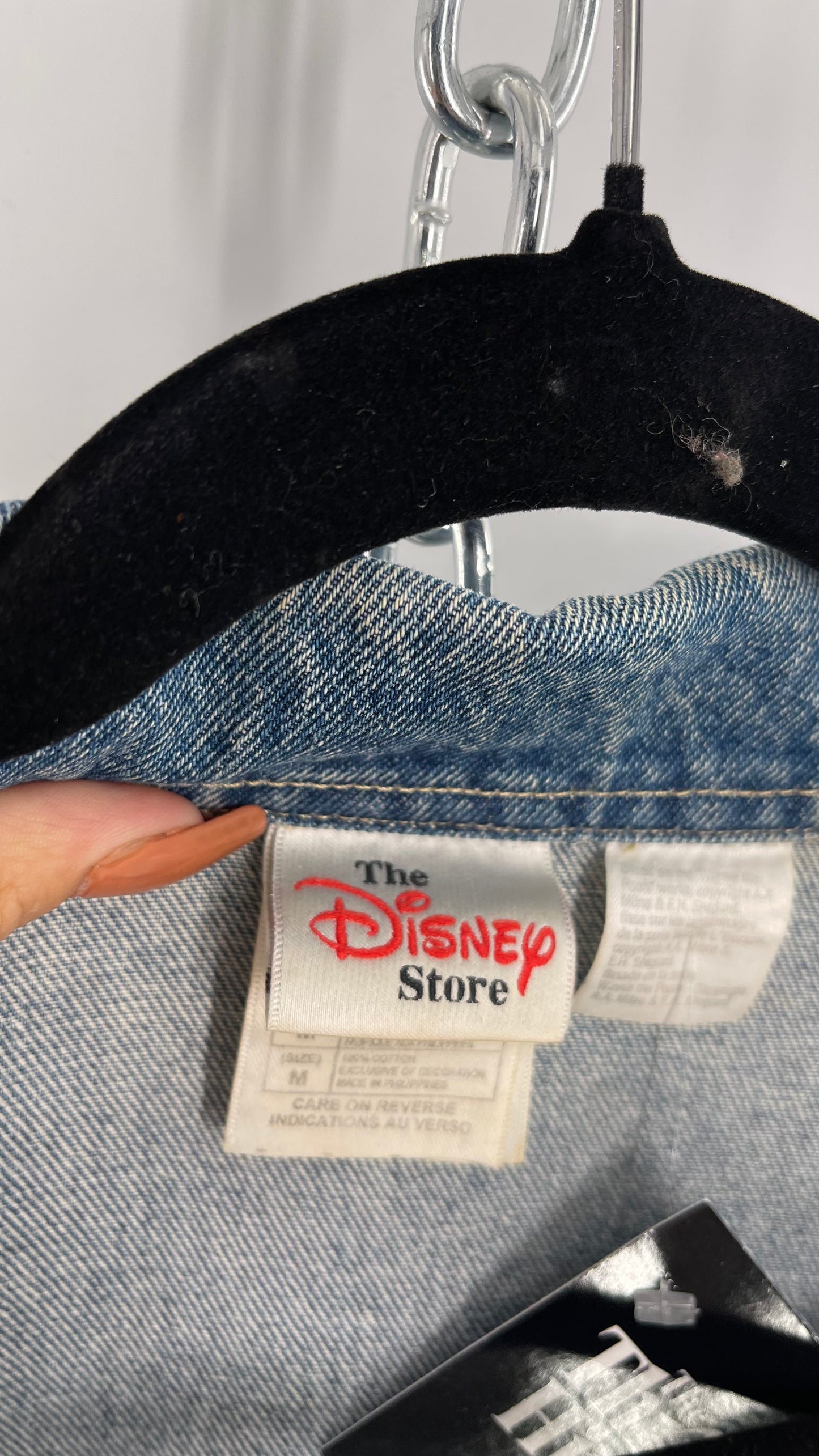 Vintage Disney Denim Jacket with Embroidered Graphic/Patches on Back and Pocket (Medium)