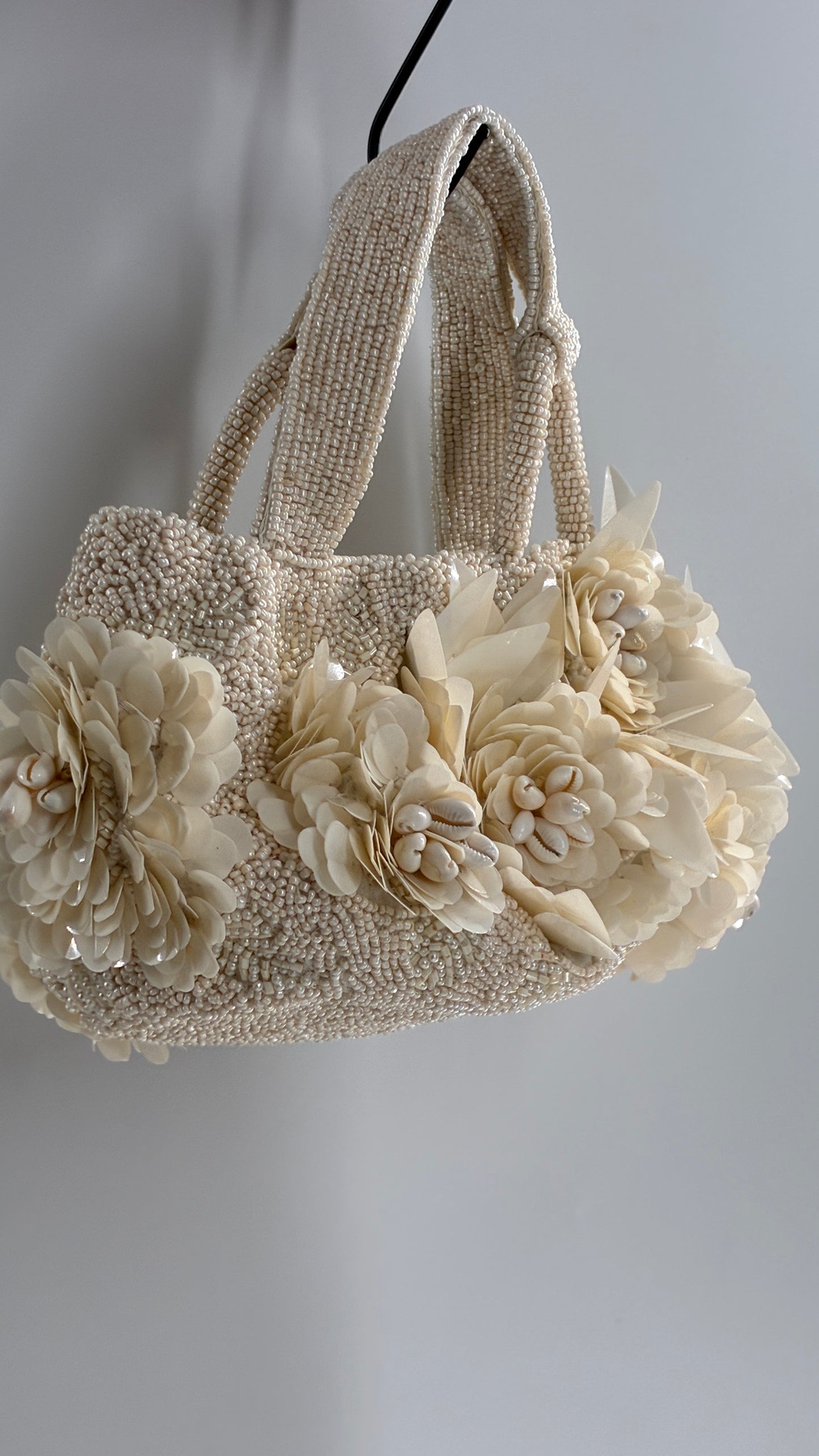Beaded Off White Purse with Sequin and Shell Flowers
