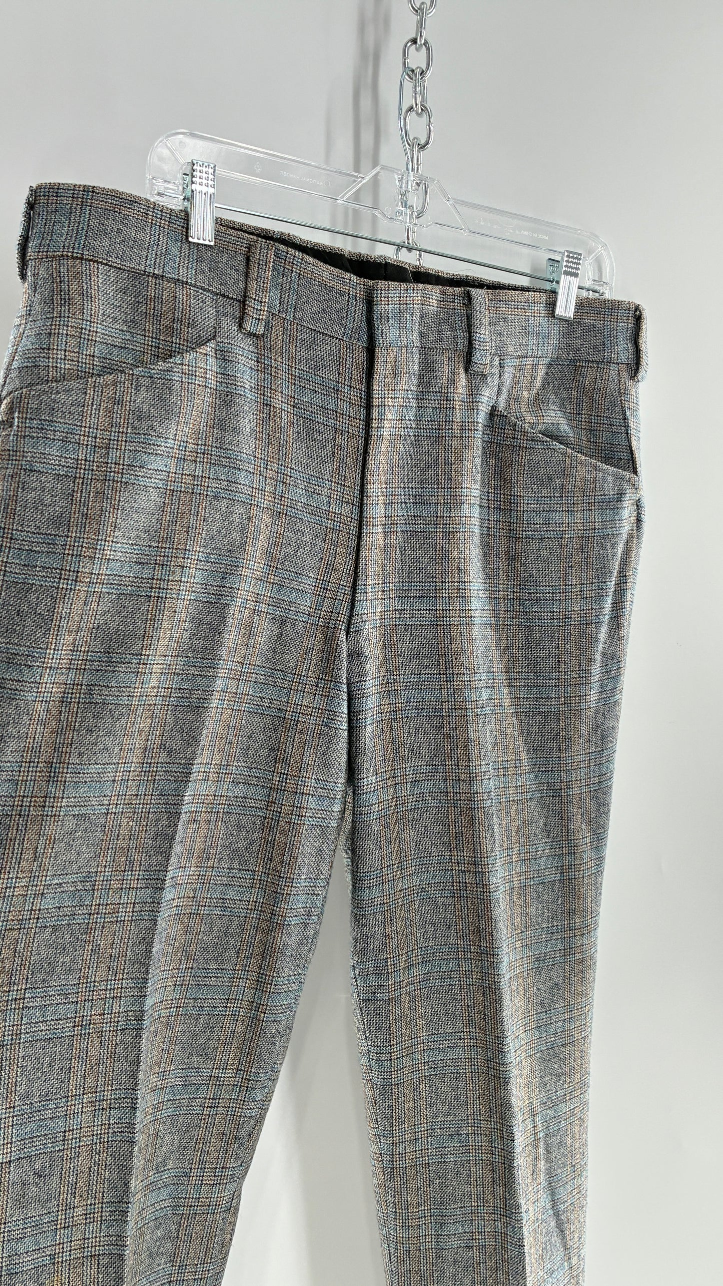Vintage Handmade Wool Blend Woven Men’s Tailored Trousers with Grey Blue Plaid Pattern (35x32)