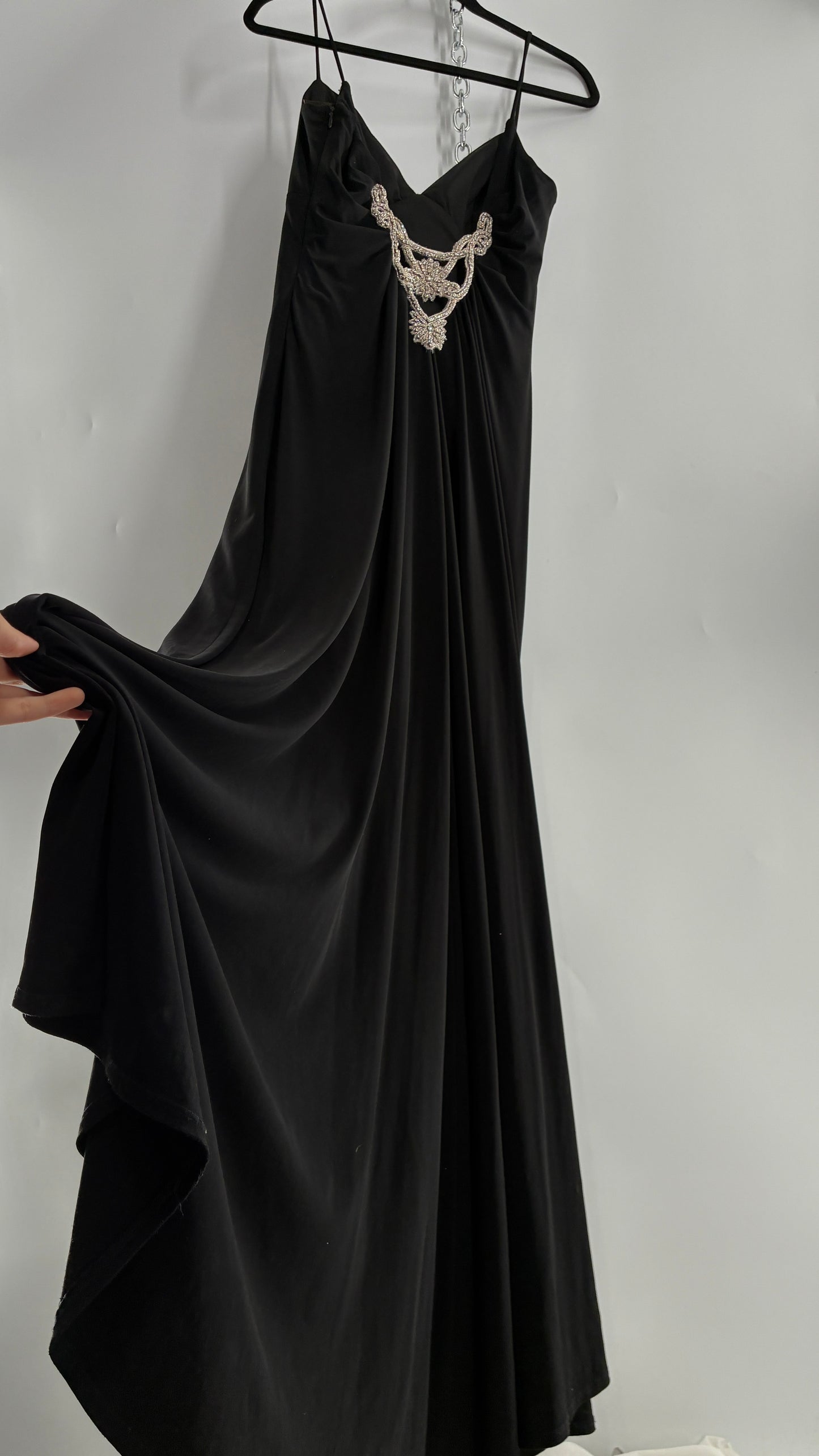 Vintage JS COLLECTION Black Full Length Gown with Jeweled Appliqué and Pleated Back (12)