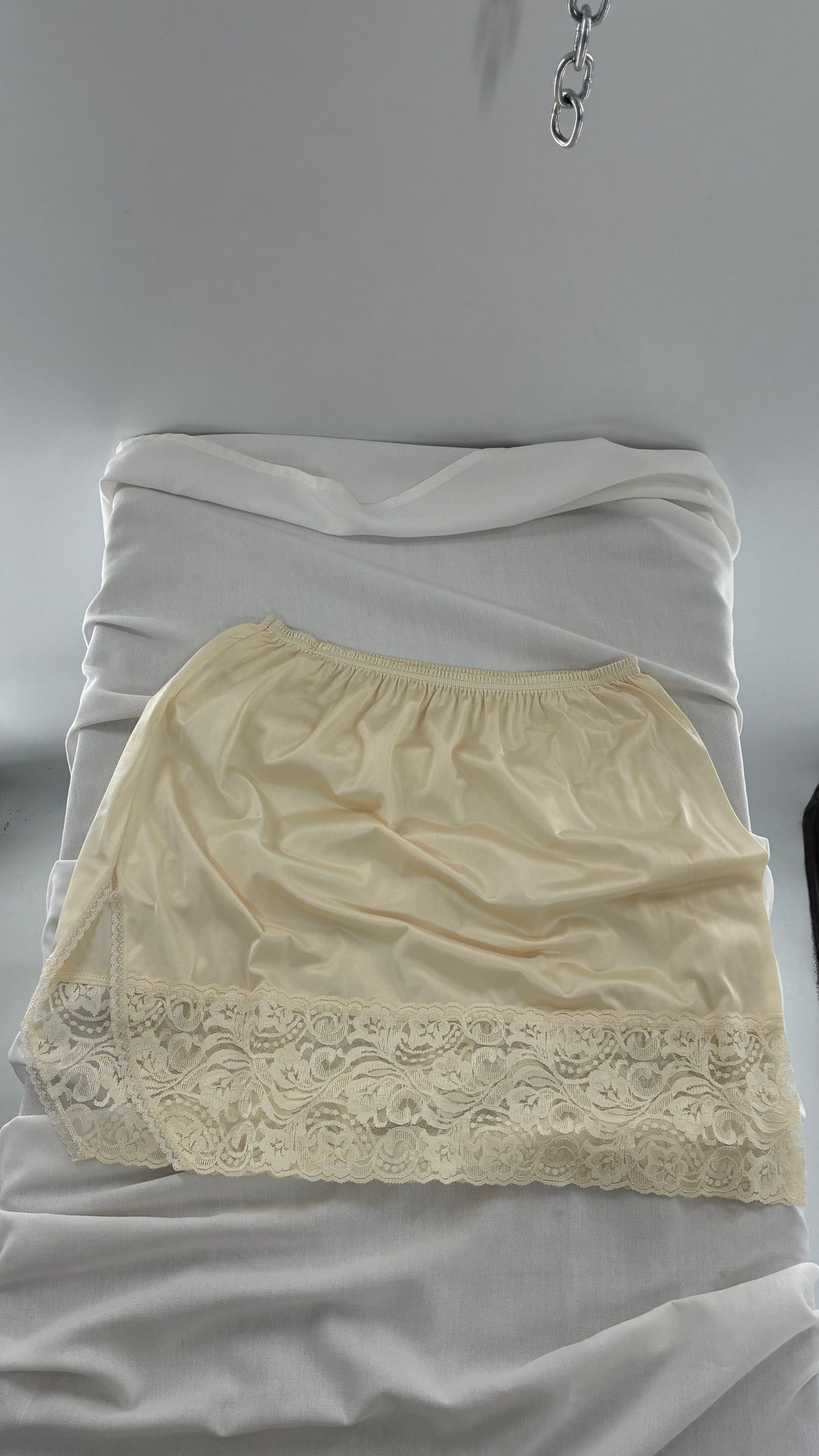 Vintage Vanity Fair Ivory Mini Slip Skirt with Slit and Wide Lace Trim (Medium)