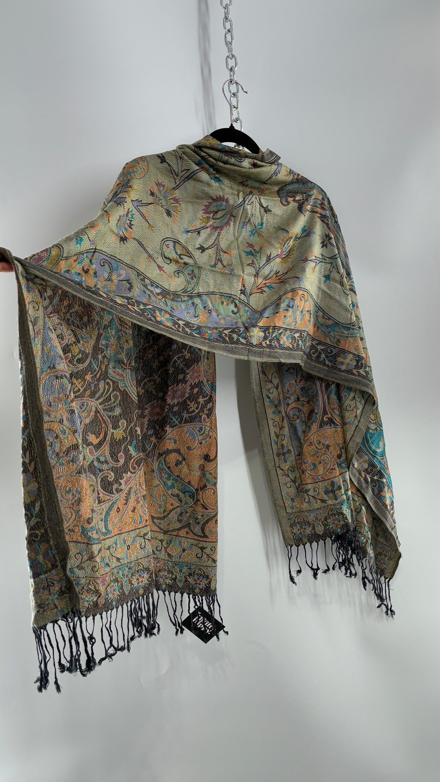 Vintage Pashmina Green Paisley Fringe Scarf