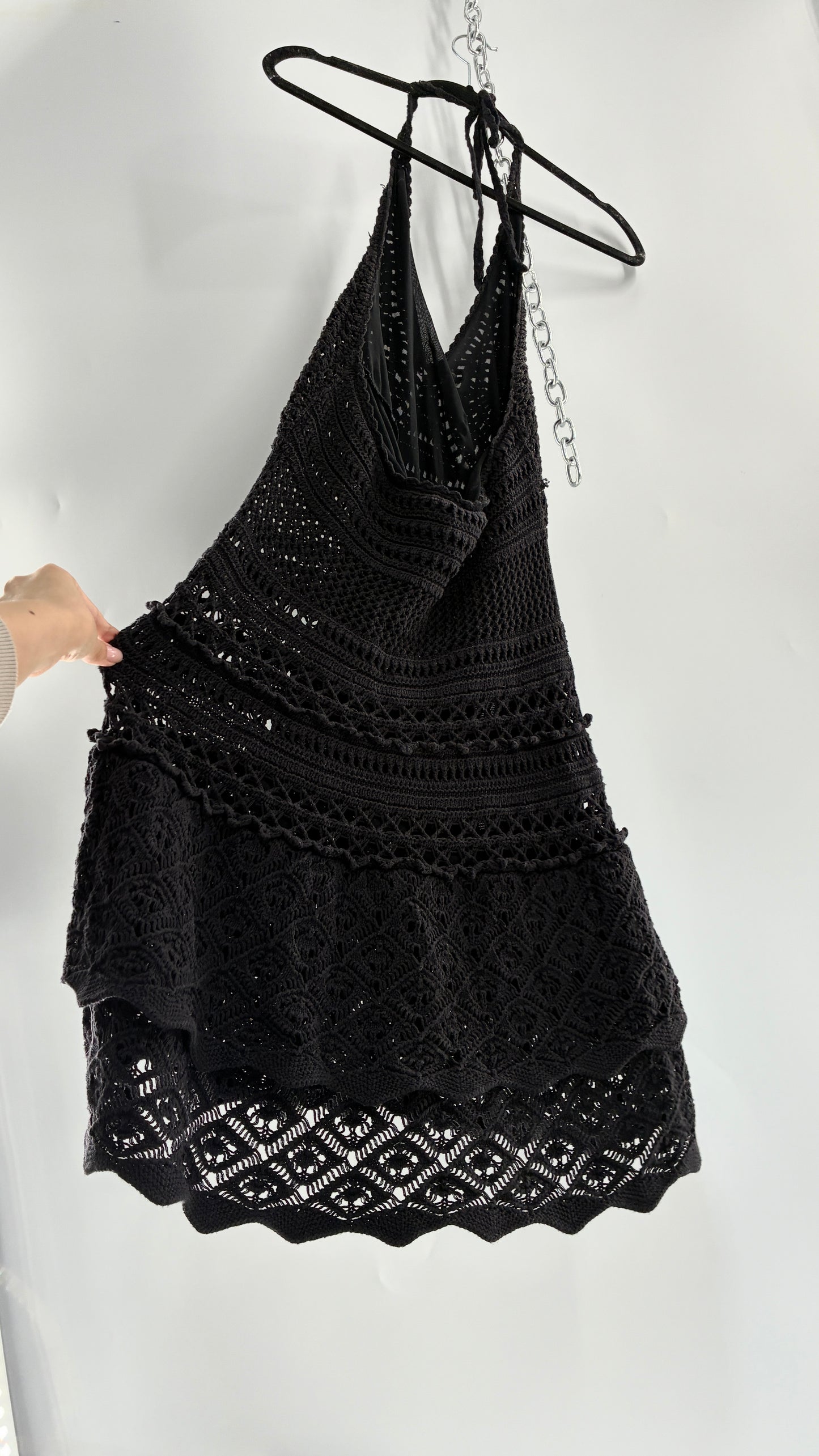 Vintage MODA INTERNATIONAL Black 100% Cotton Crochet Mini Halter Dress with Ruffled Skirt (Medium)