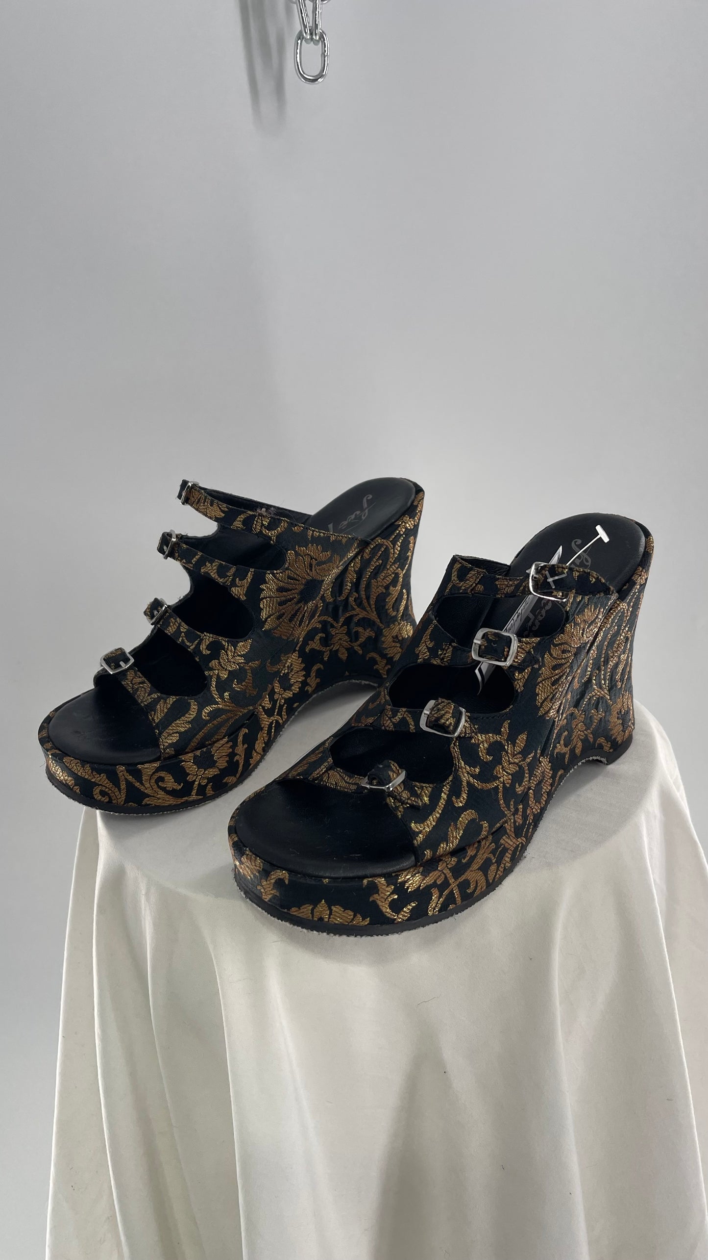 Free People Black Hoffman Buckle Front Wedge Heels with Satin Gold Paisley/Brocade Pattern (37)