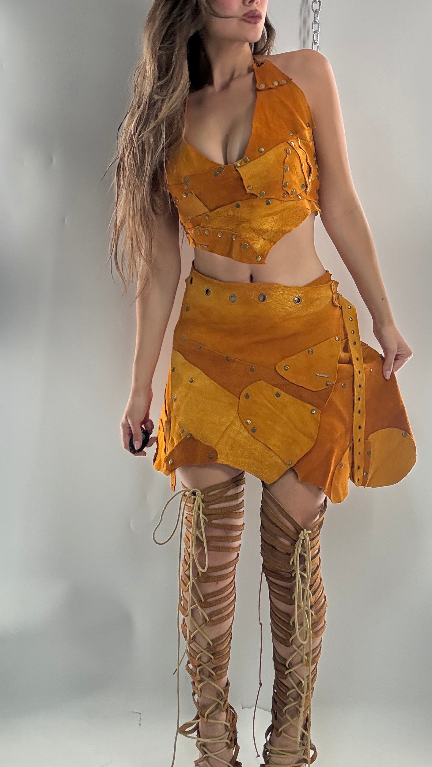 Handmade 1 of 1 and Pressed Genuine Suede and Pebbled Leather Reversible Corset Top and Grommet Skirt Set (XS-M)