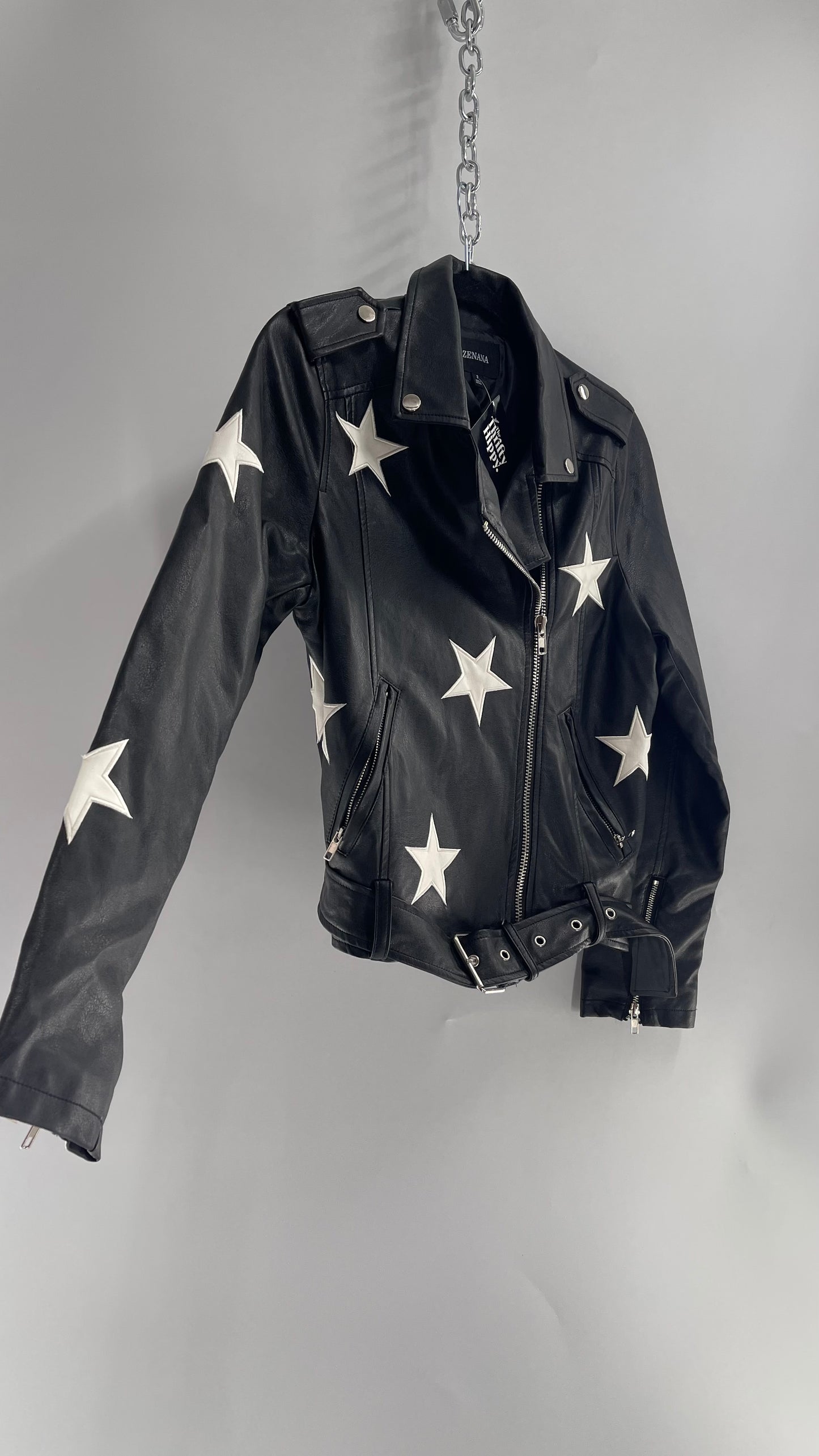 ZENANA Black Vegan Leather Motorcycle Jacket with White Patchwork Stars (Small)