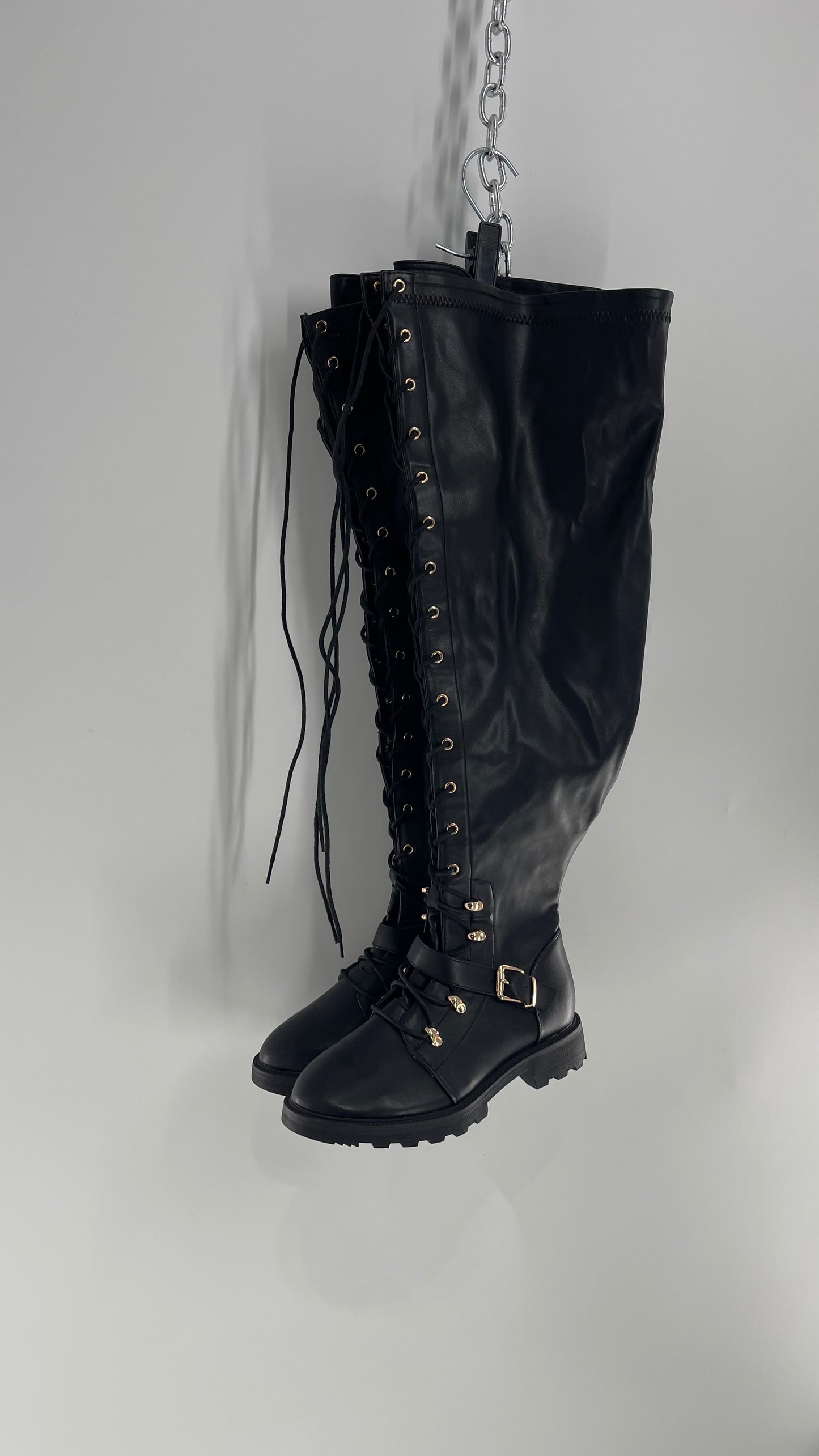 Shoedazzle Black Tall Boots with Gold Hardware (7)