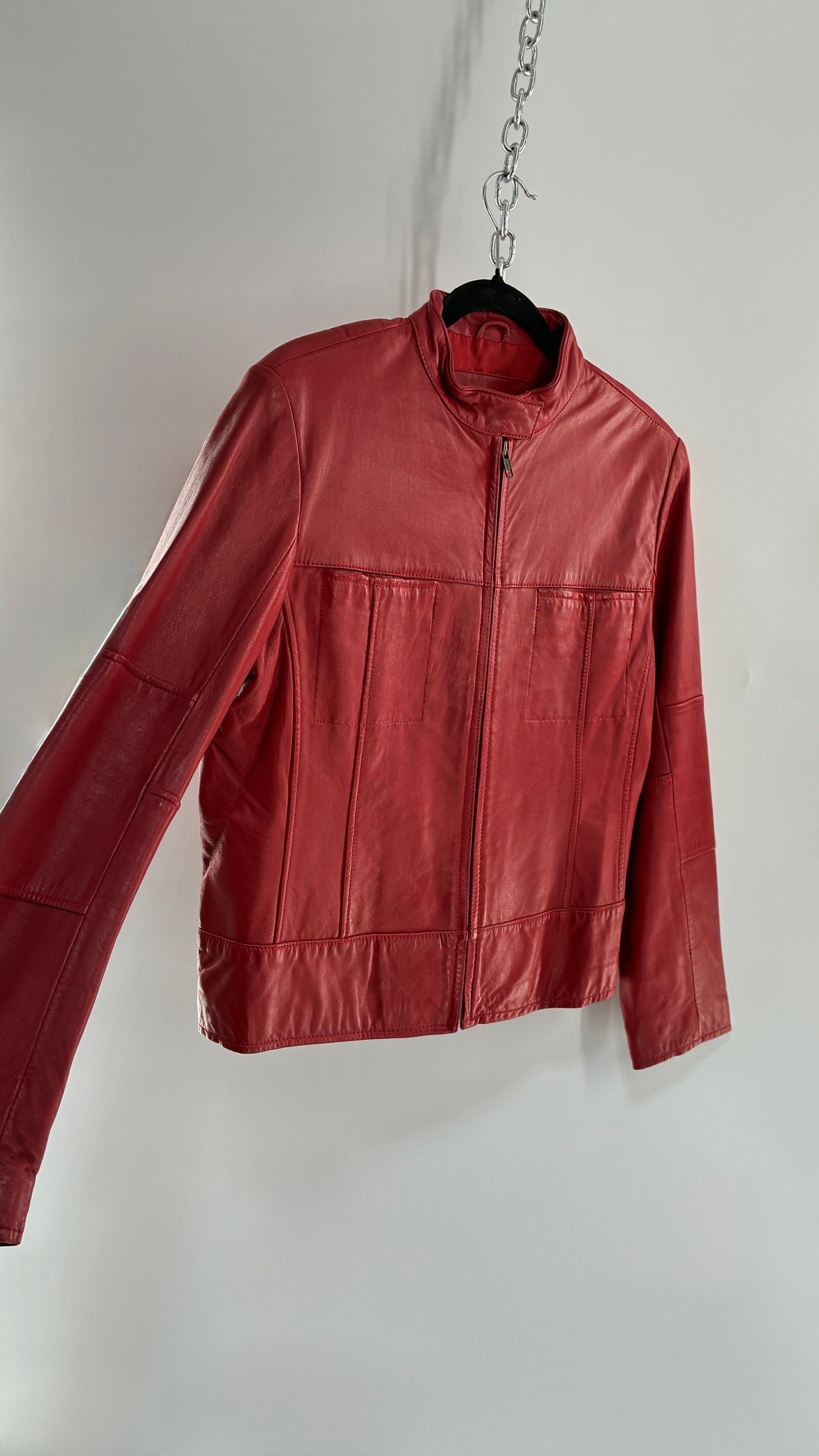KATHY IRELAND Lamb Leather Red Motorcycle Neck Strap Jacket (Medium)