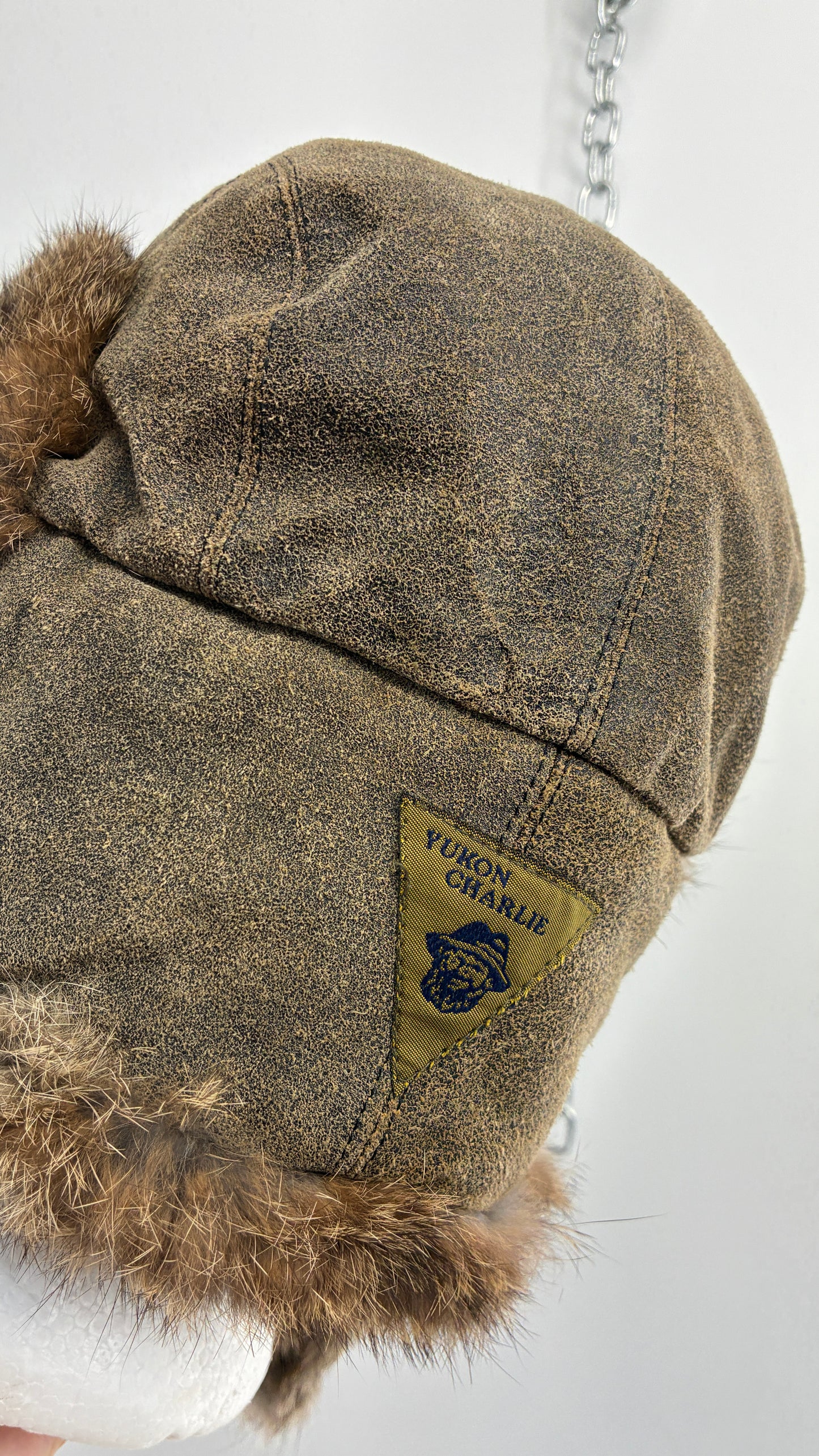 Vintage YUKON CHARLIE Genuine Leather Aviator Trapper Hat with Rabbit Fur Lining
