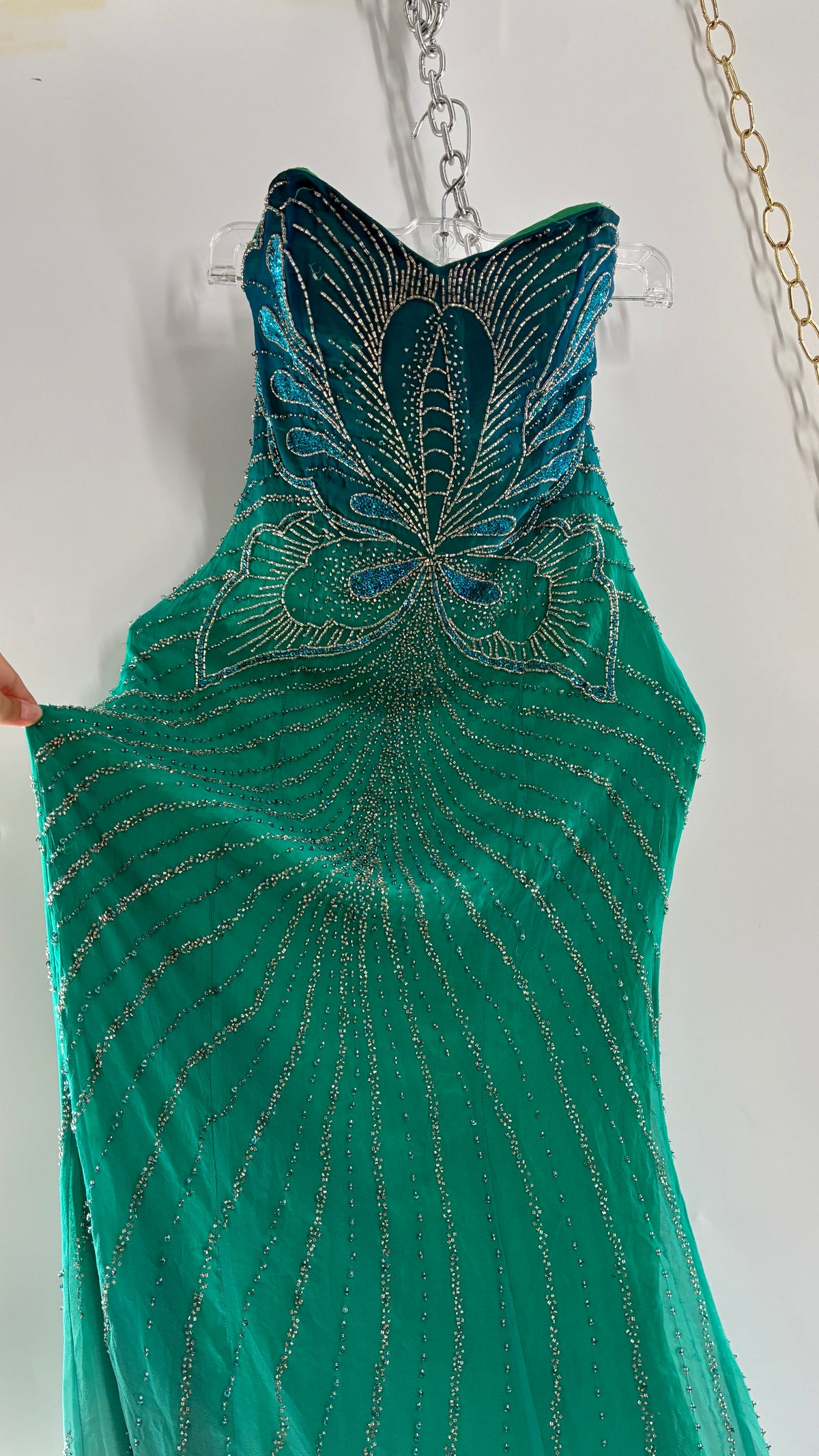 Vintage 1990s STUDIO17 100% Fully Beaded Silk Aquamarine Butterfly Dress (8)