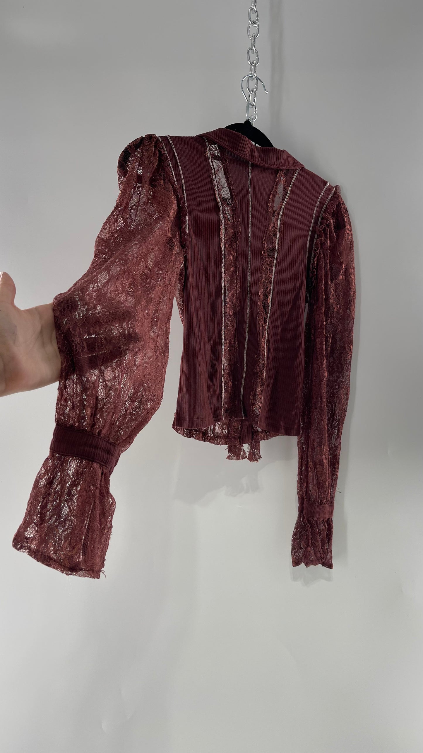 Free People Burgundy Lace Button Front Blouse with Balloon Sleeves and Ruffle Front Detail  (Small)