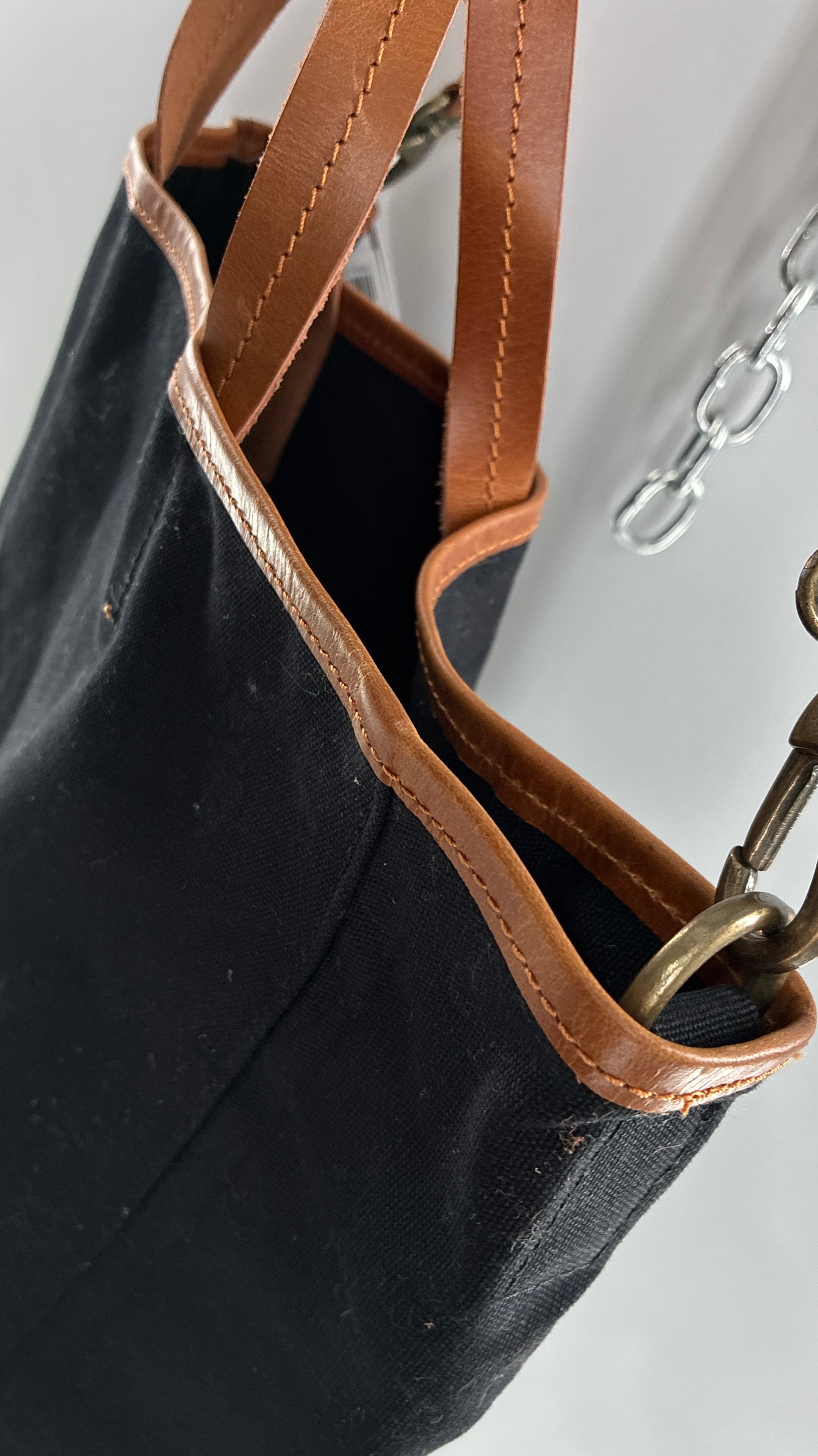 Urban Outfitters Large Black Cotton Tote Bag with Inner Pockets, Genuine Leather Lining and Straps