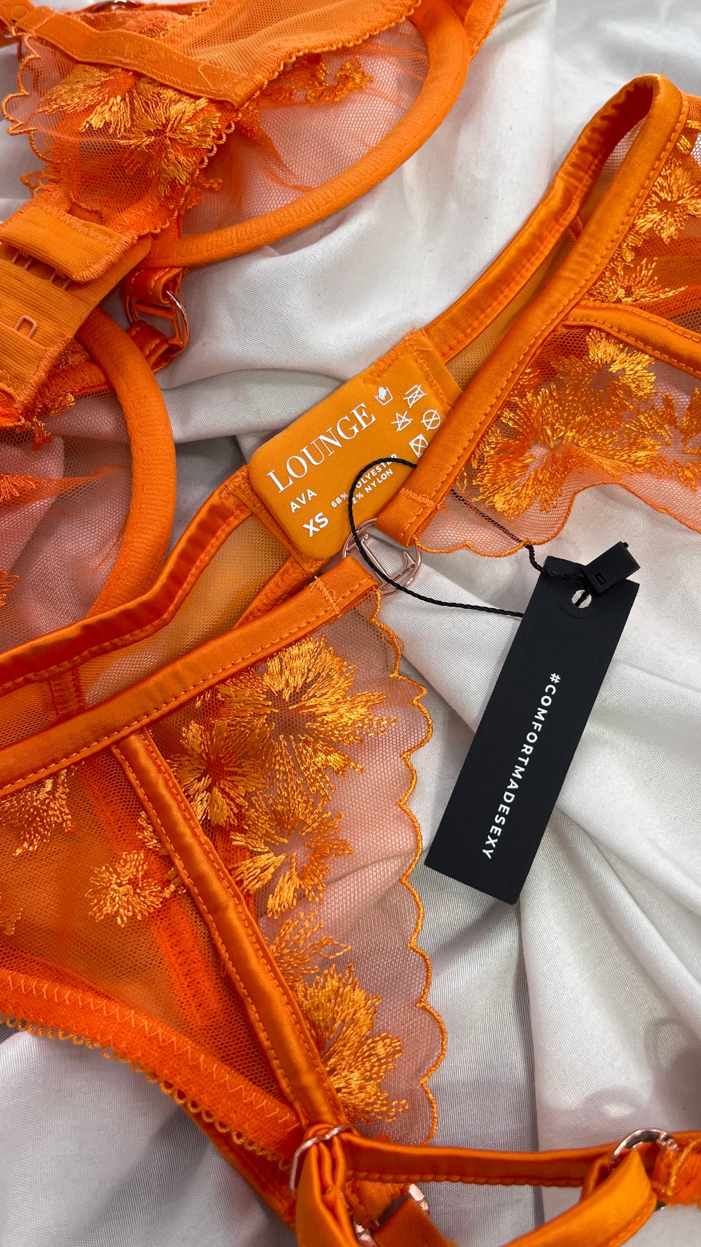 LOUNGE Orange Ava Bra, Garter and Panty Set with Tags Attached (32C, XS)