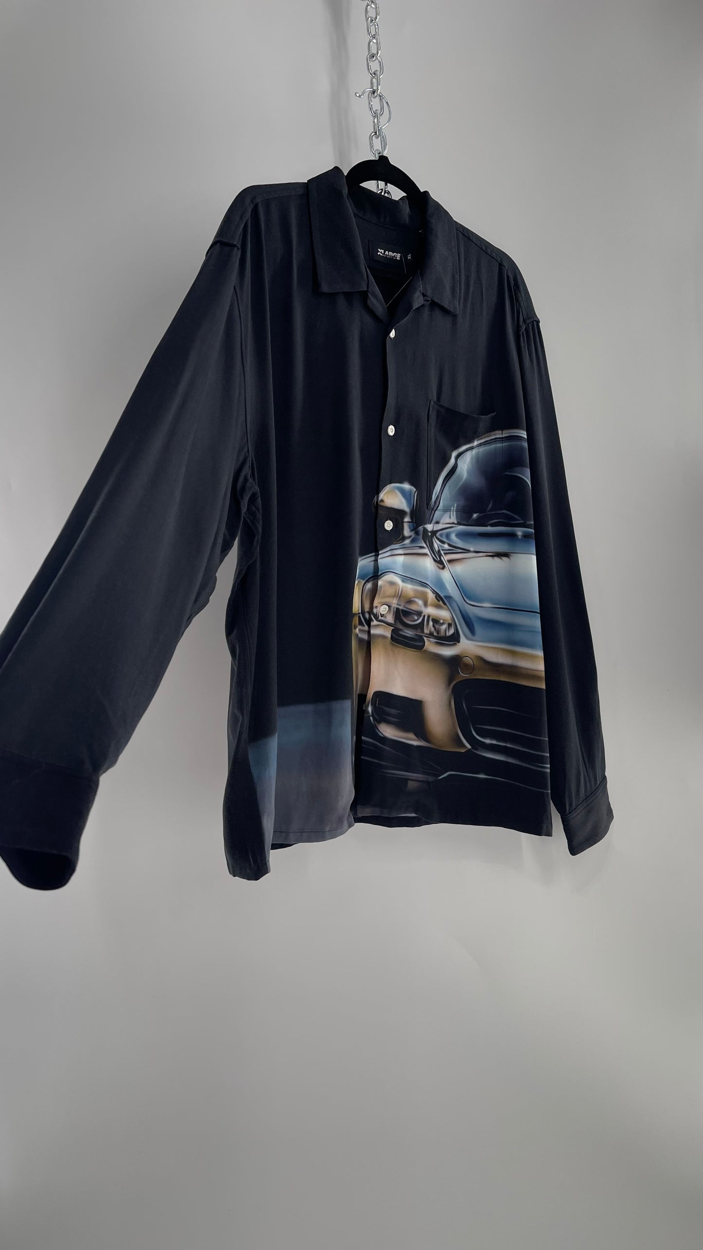 XLARGE Black 100% Rayon Men’s Button Up with HD Futuristic Car Graphic  (XL)