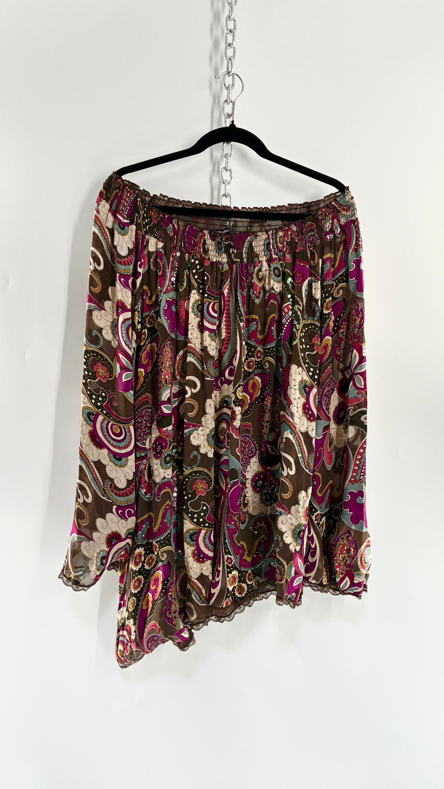 Vintage Italian 1990s 35% Silk Beaded Off the Shoulder Paisley Blouse/Mini Dress with Lace Trim (One Size)