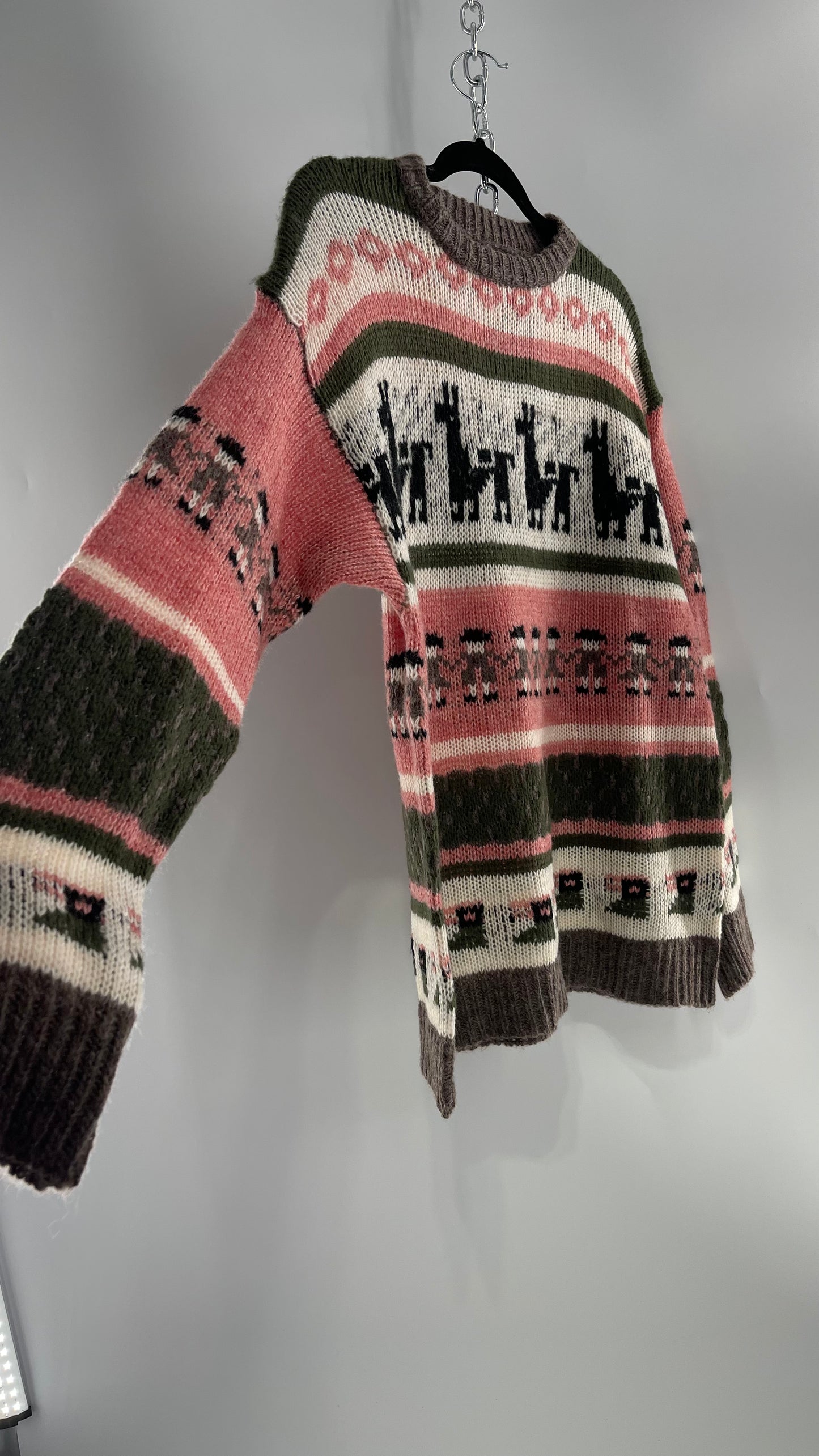 Cooke Collective Knit Llama/Alpaca Graphic Sweater with Army Green, Pink and White Colorway (Medium)