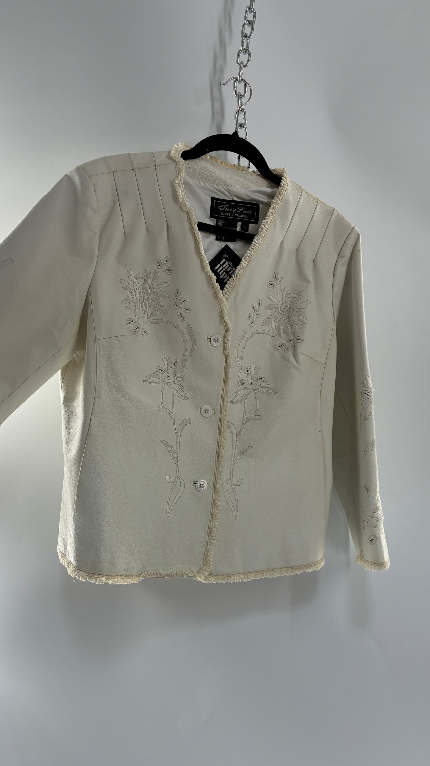 Vintage TERRY LEWIS White Leather Pleated Back, Embroidered Jacket with Lace Trim (Large)