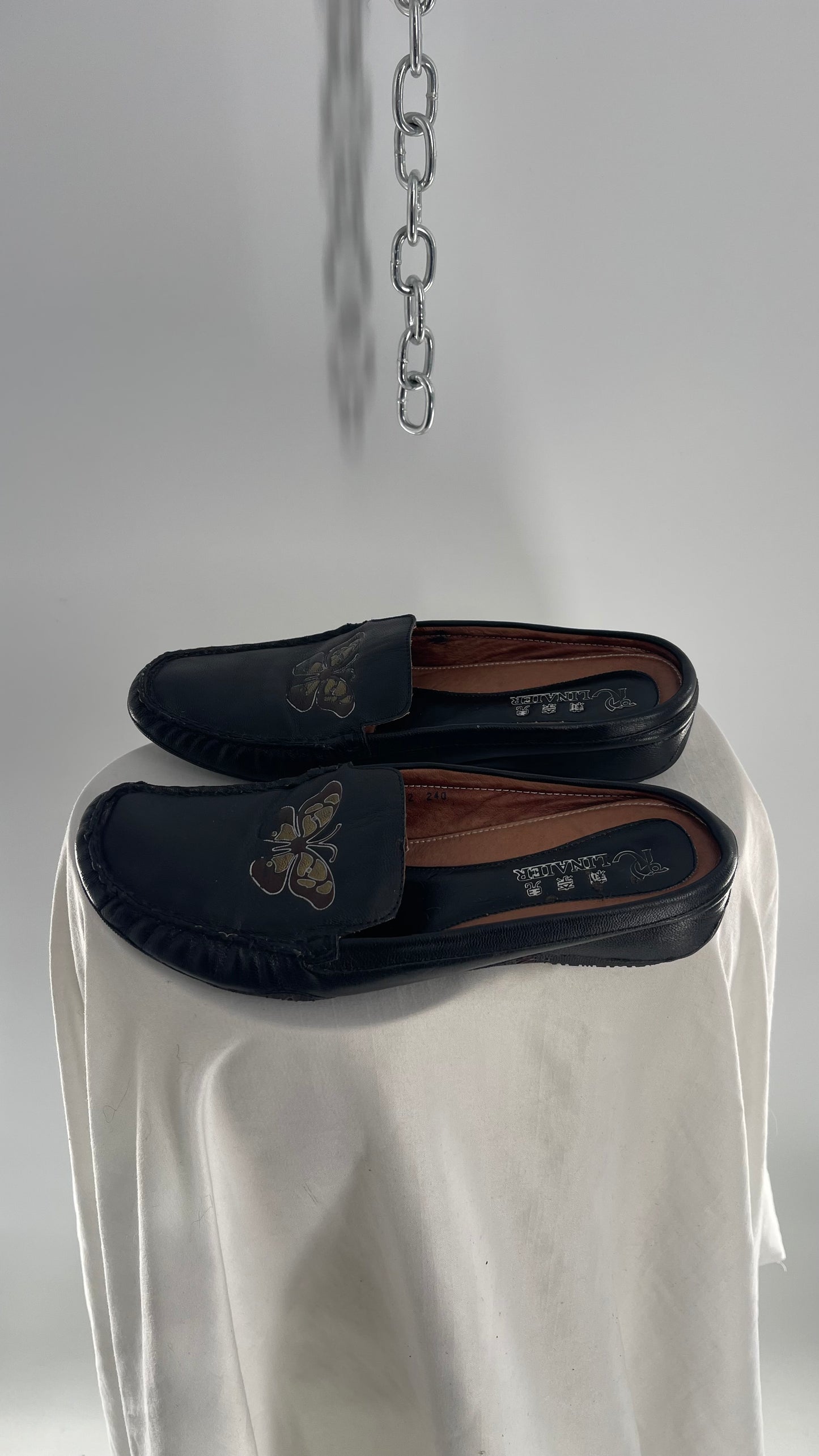 Vintage R Linaier Black Leather Slip Ons with Butterfly Embroidery (6)