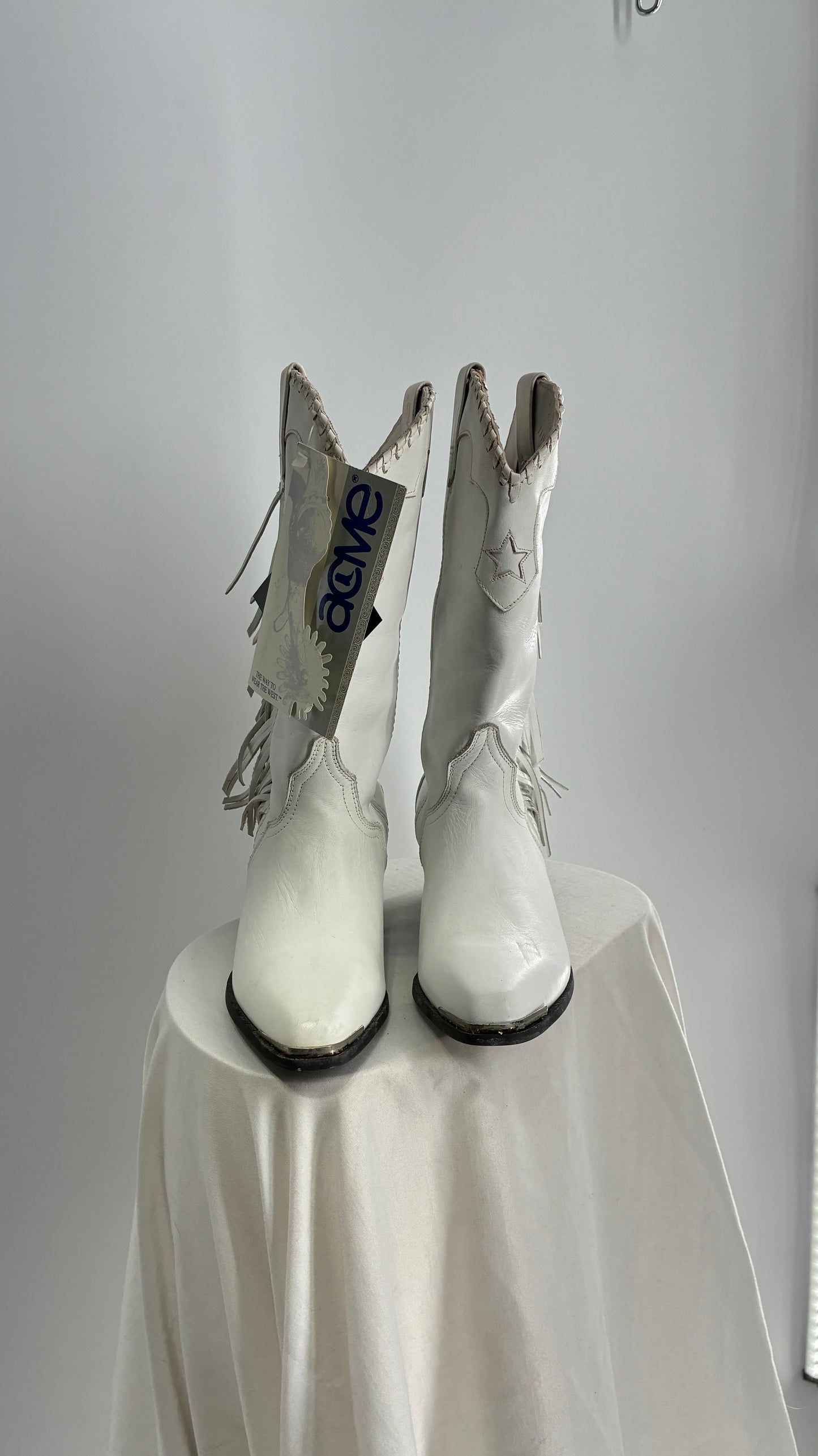 Deadstock Vintage ACME White Cowboy Boots with Braided Cuff, Fringe Sides(6)
