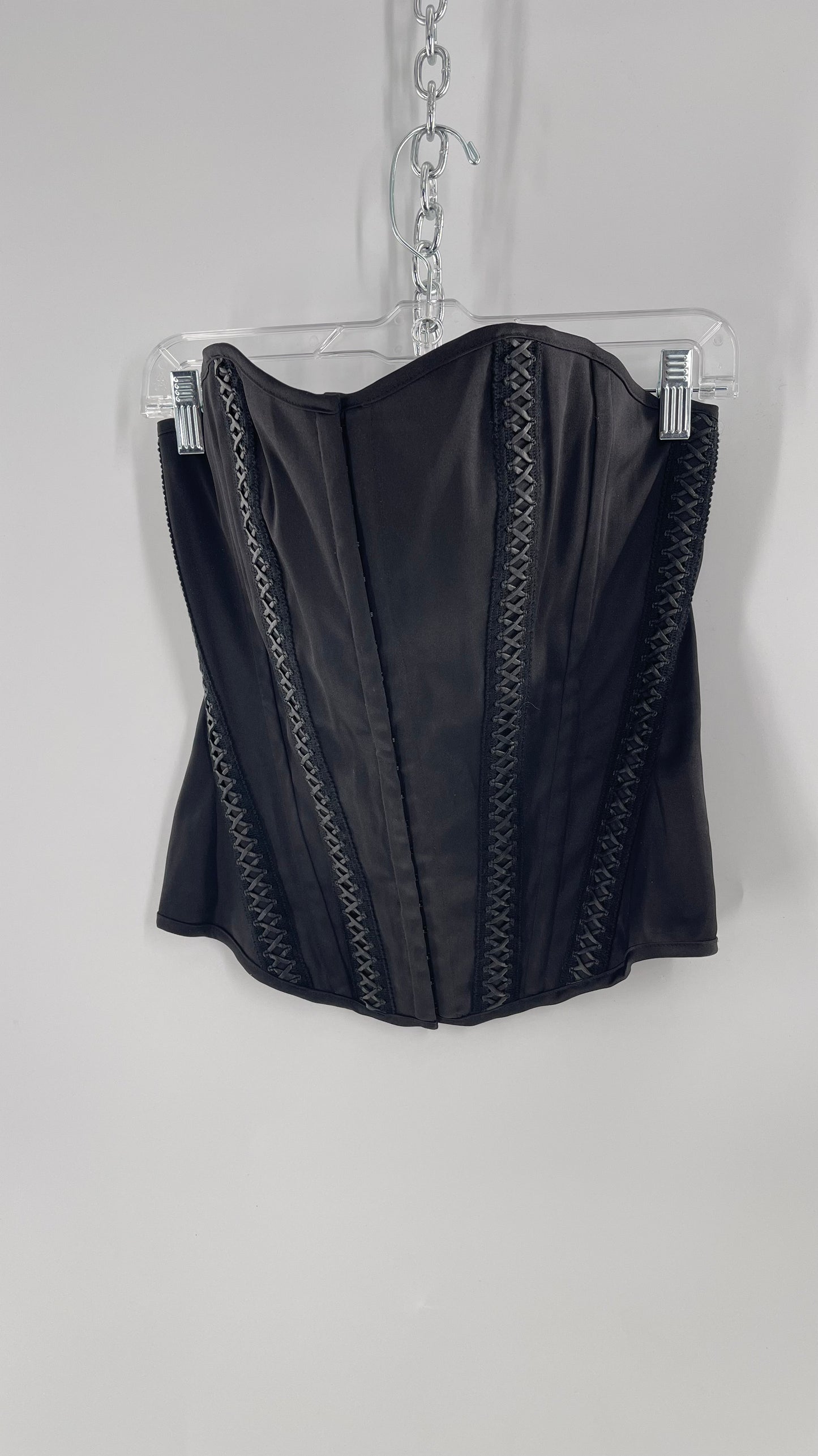 Vintage Charlotte Russe Black Boned Corset with Criss Cross Leather Details and Lace Up Back (Large)