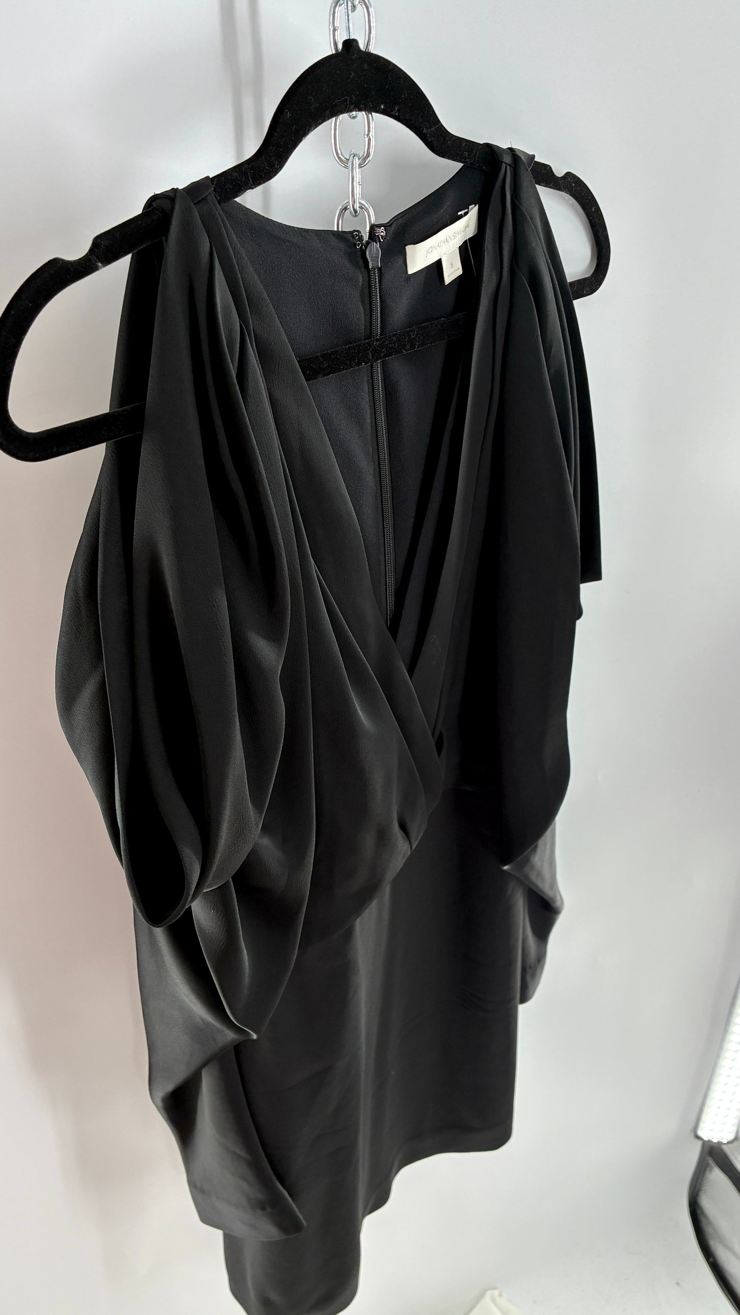 JONATHAN SIMKHAI Black Silky Mini Dress with Exaggerated, Draped Cold Shoulders (8)