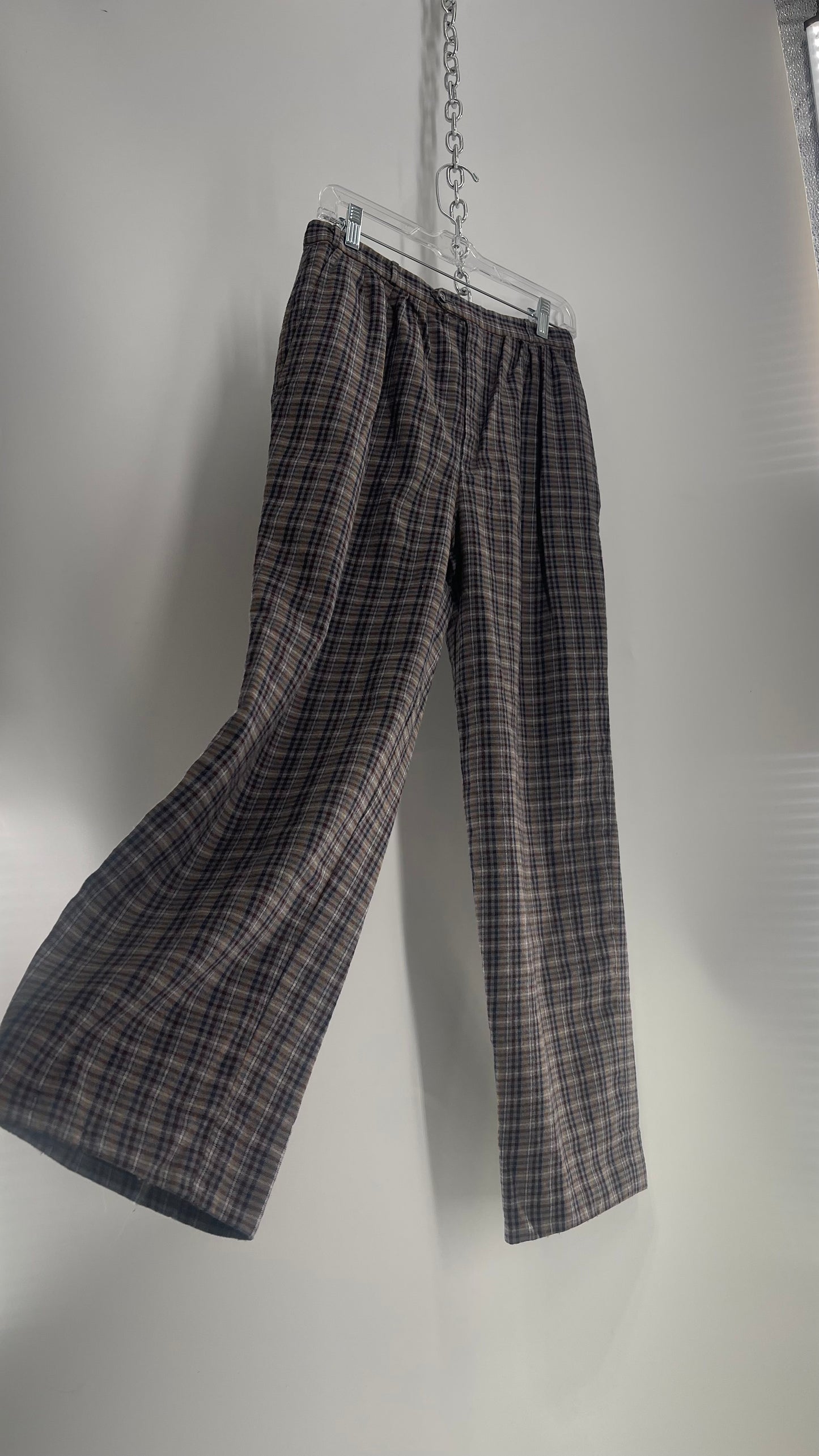 Vintage 100% Wool Gray Muted Tones Plaid Pleated Baggy Trousers (2)