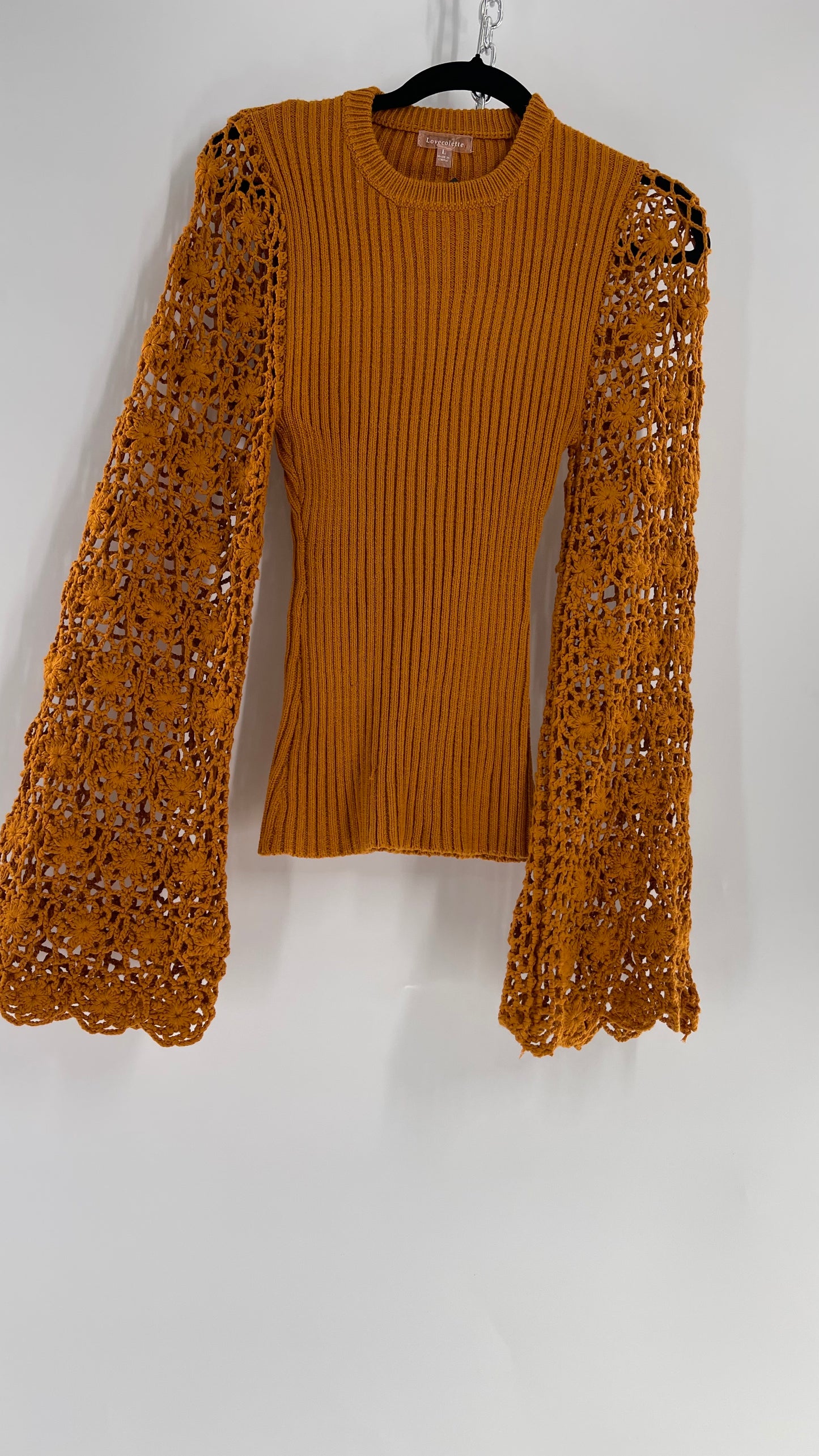 Love Colétte Mustard Sweater with Crochet Bell Sleeve (Large)
