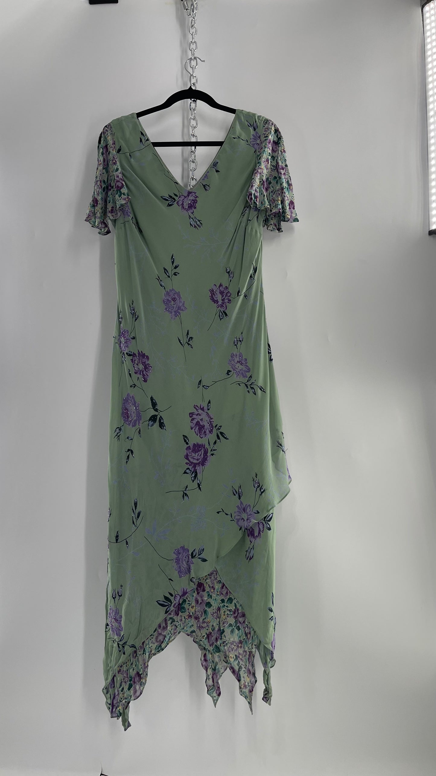 Vintage 1990s EVA BLUE Sage Green  Dress with Purple Beaded Florals and Handkerchief Hem(16)