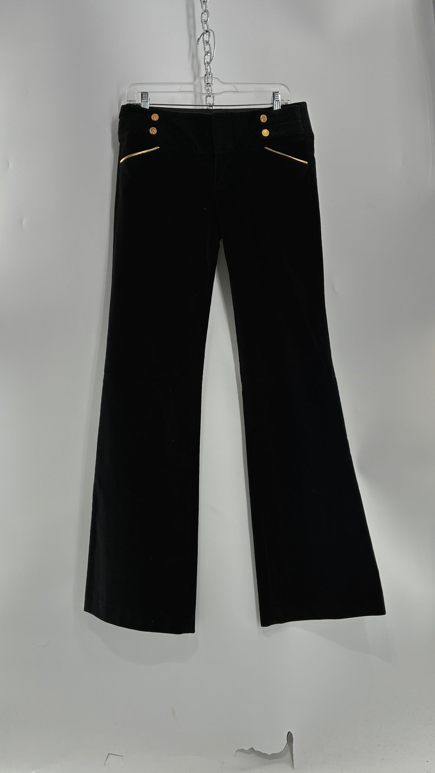 Vintage Alice + Olivia Thick Black Velour Low Rise Kickflare Pants with Thick Waistband with Gold Coin Detailing (6)