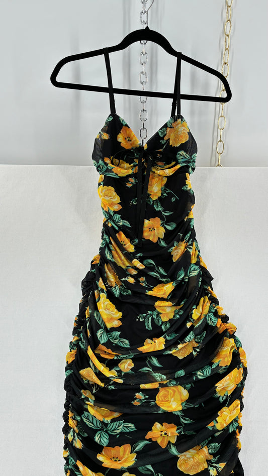 Vintage VÊNUS Floral Black, Yellow Ruched Full Length Dress (XS)
