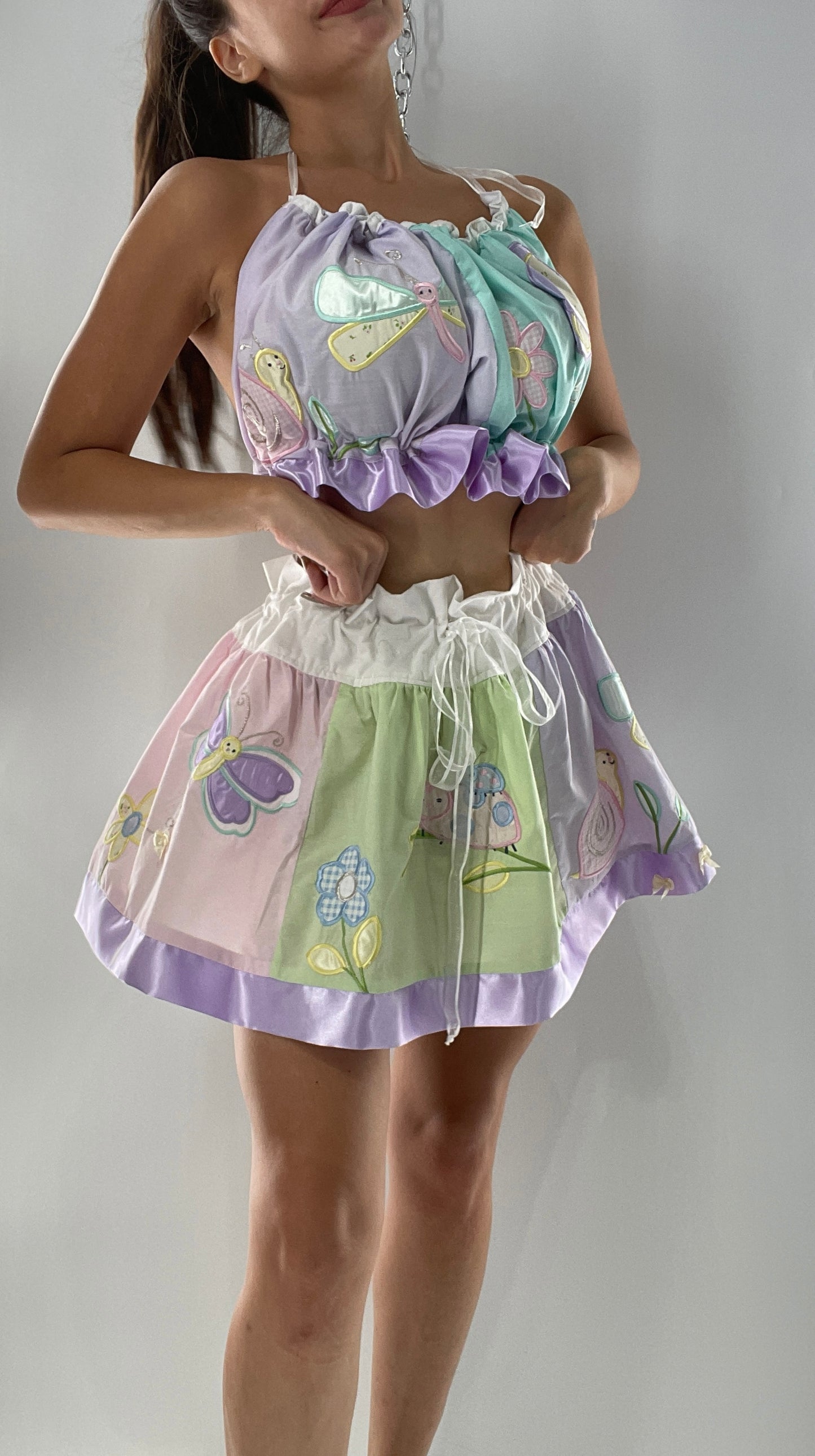 Vintage Custom 2piece Garden Gal Set Covered in Patchwork Butterflies, Dragonflies, Flowers, Snails and Pastels (One Size Fits Most)