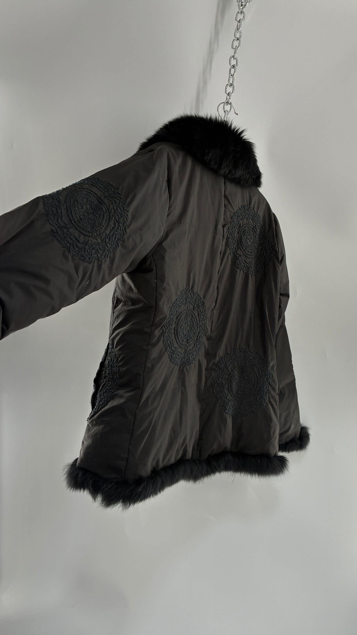 Vintage Gi & JO Black Down and Feather Puffer Jacket with Exaggerated Genuine Rabbit Fur Trim and Mandala Embroidery (Medium)
