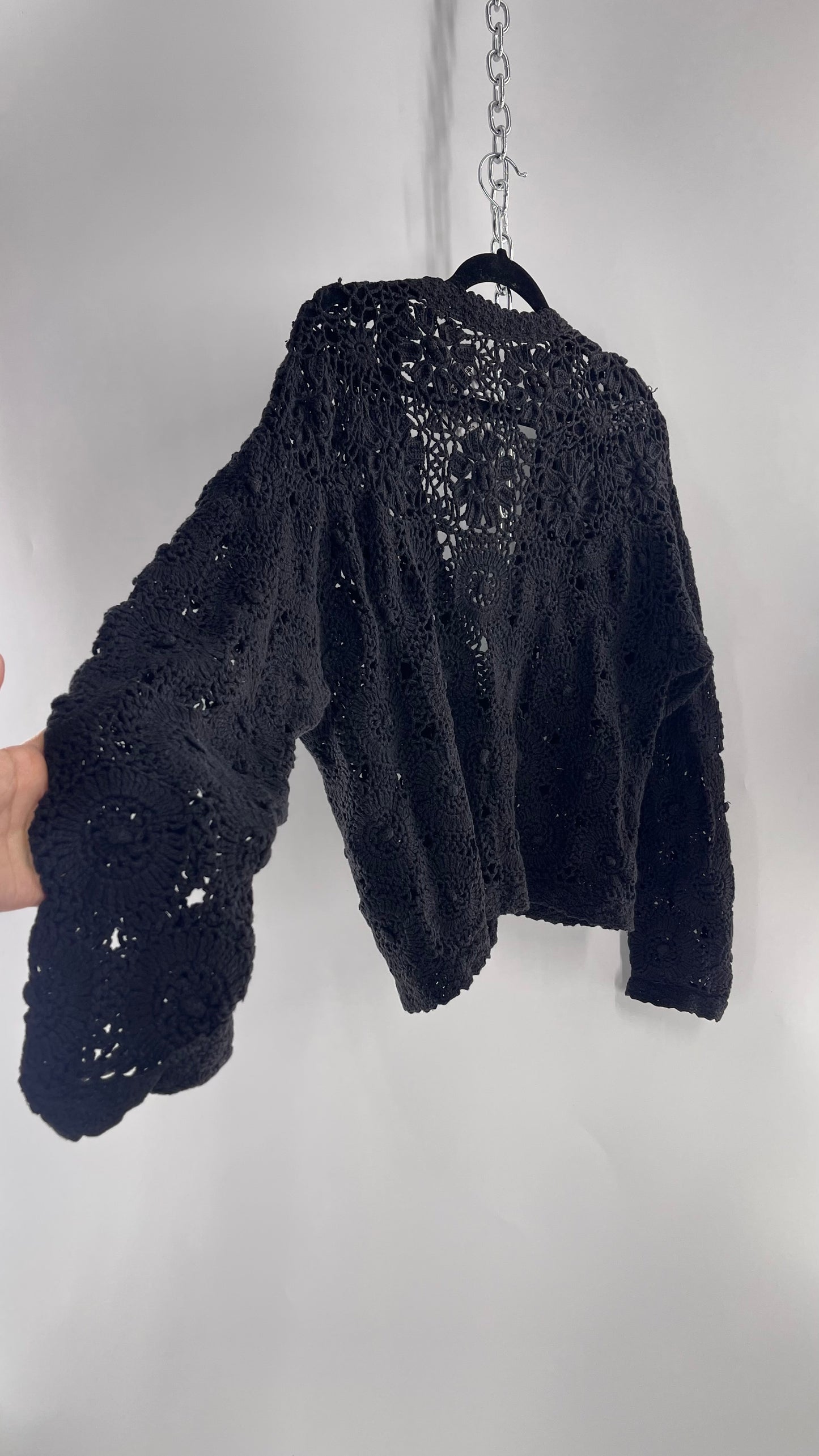 Vintage Black Handmade Crochet Cardigan (Medium)