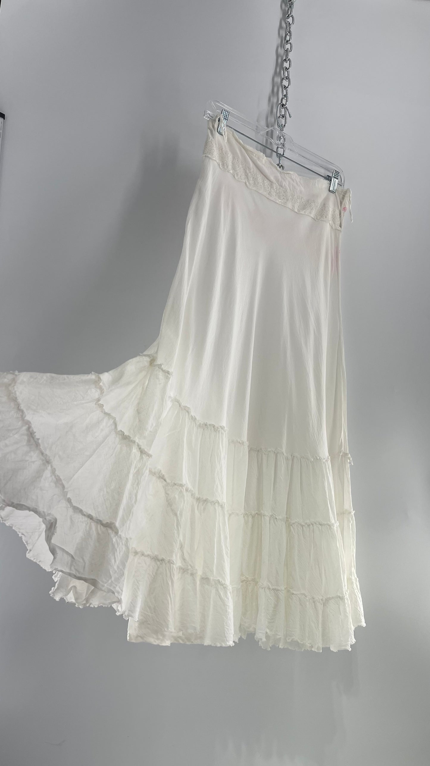 Vintage La Belle White Tiered Maxi Skirt with Pink Embroidery (9)