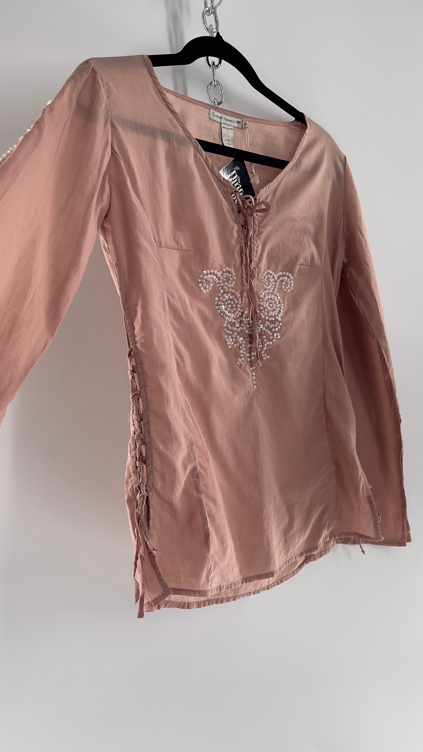 Vintage Coronel Tapioca Dusty Pink Tunic with Beaded Designs and Lace Up Sides (Medium)